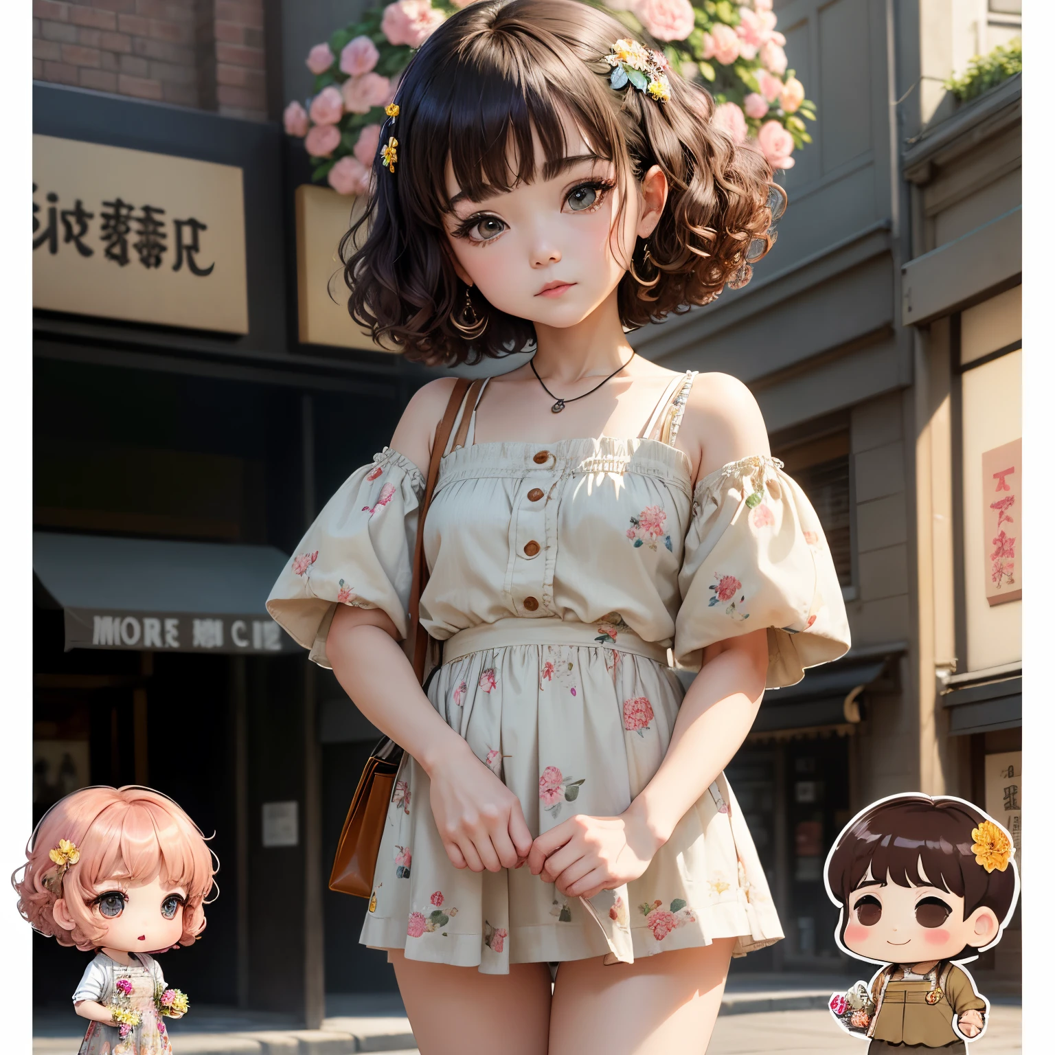 ​masterpiece、top-quality、ultra-detailliert、(Chibi character middle-aged woman:1.2)、Curling perm、(floral cut and sew:1.3)、食べ物がいっぱい入った🧺を運ぶ、Please wear brown ballet shoes、The background is a shopping street、