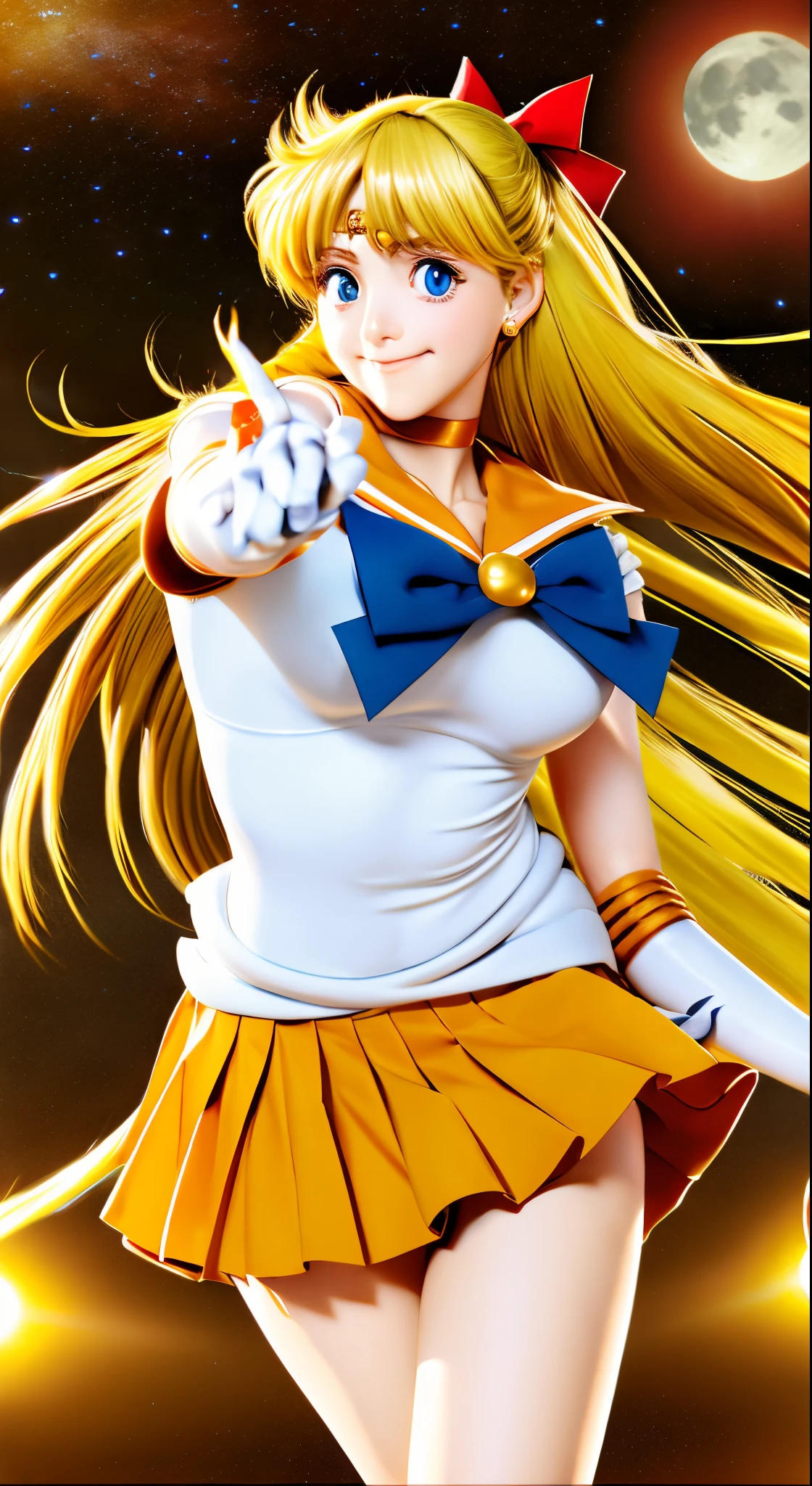 masutepiece, Best Quality, hight resolution, SV1, Sailor Senshi Uniform, Orange skirt, elbow groves, tiarra, Pleated skirt, Miniskirt, Red bow, orangechoker, White Gloves, Jewelry, Starry sky, badass pose, slight smile, Portrait, floating, Moon, Upper body
