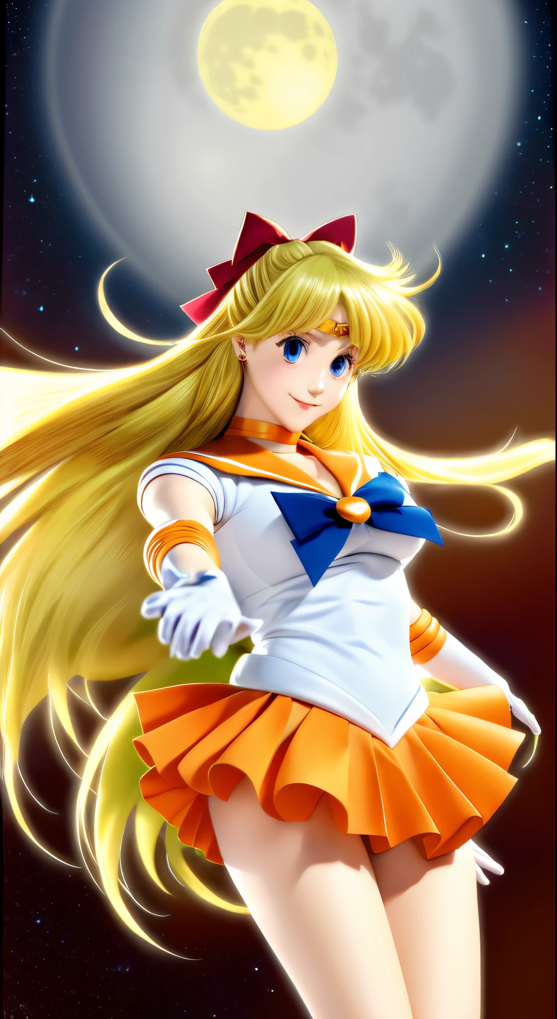 masutepiece, Best Quality, hight resolution, SV1, Sailor Senshi Uniform, Orange skirt, elbow groves, tiarra, Pleated skirt, Miniskirt, Red bow, orangechoker, White Gloves, Jewelry, Starry sky, badass pose, slight smile, Portrait, floating, Moon, Upper body