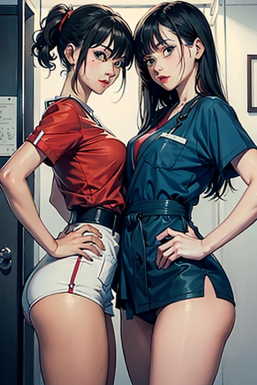 ((best quality)), ((masterpiece)), (detailed), perfect face, (multiple) sexy nurses stand together shoulder to shoulder, hands holding waists, ((aheago faces))