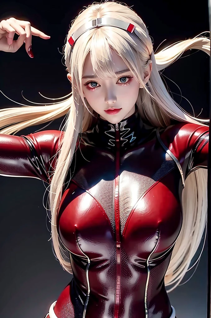 NSFW, teats, visible nipples, close - up, 1 girl, one, Vermilion hair, militation, the perfect body, big tits cyberpunk, High-tech, V, Mechanical parts, looking at the audience, kblack eyes, hairlong, Luminous Laser Women's Super Tech Jumpsuit, Cyberpunk-Mechanical Body Parts, with tattoos, high contrast, the night, reflective transparent rainbow, hairlong, pectorals, White Skin Skin, beautiful glossy leather, the most beautiful face in k-pop, seductive expression, perspective, Eva, Complex background, extremely beautiful and gorgeous anime illustration with cinematic perspective.