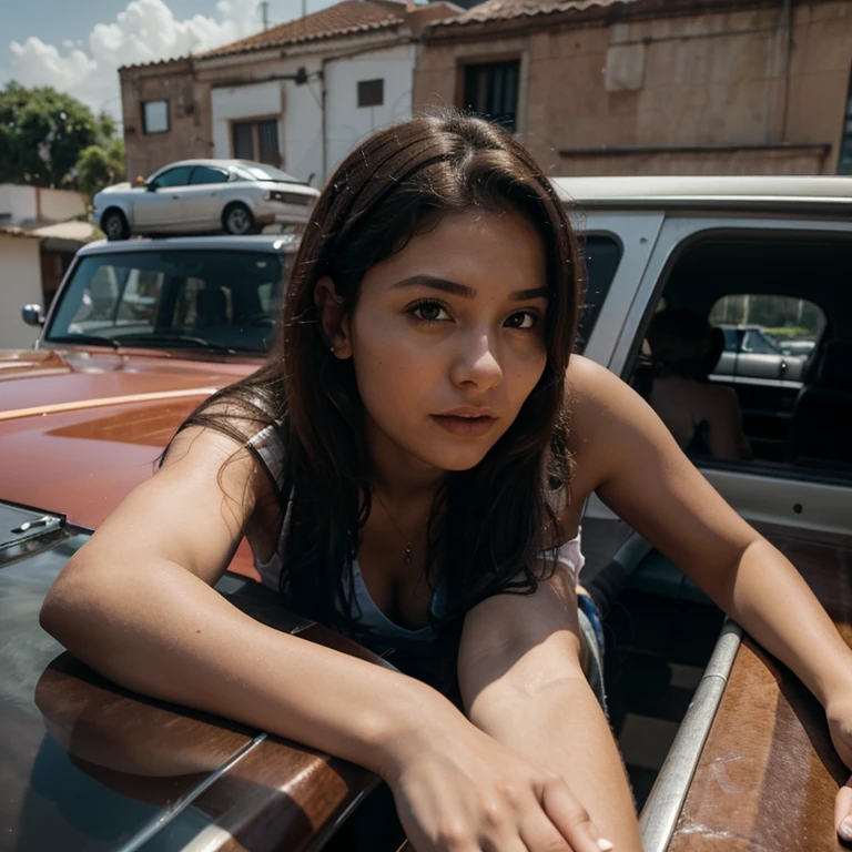 Carla is at a bar with friends, todos se divertindo.
Ela recebe um desafio: Climb onto the roof of a moving car to prove you're brave.
Carla aceita o desafio, confiante e animada