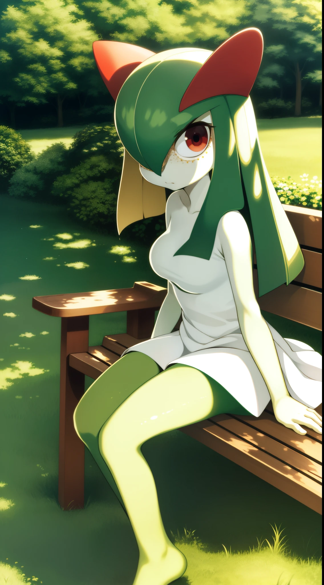 Kirlia , obra maestra mejor calidad, pokemon franquicia,pokemon, estilo de arte de misosouperstar,nsfw, falda, camisa rosada, gafas negras, pecas, dientes de nerd, sosteniendo videojuego, mejor calidad, fondo de parque, sentada en una banca, fondo de arco del triunfo,1girl,nerd,
