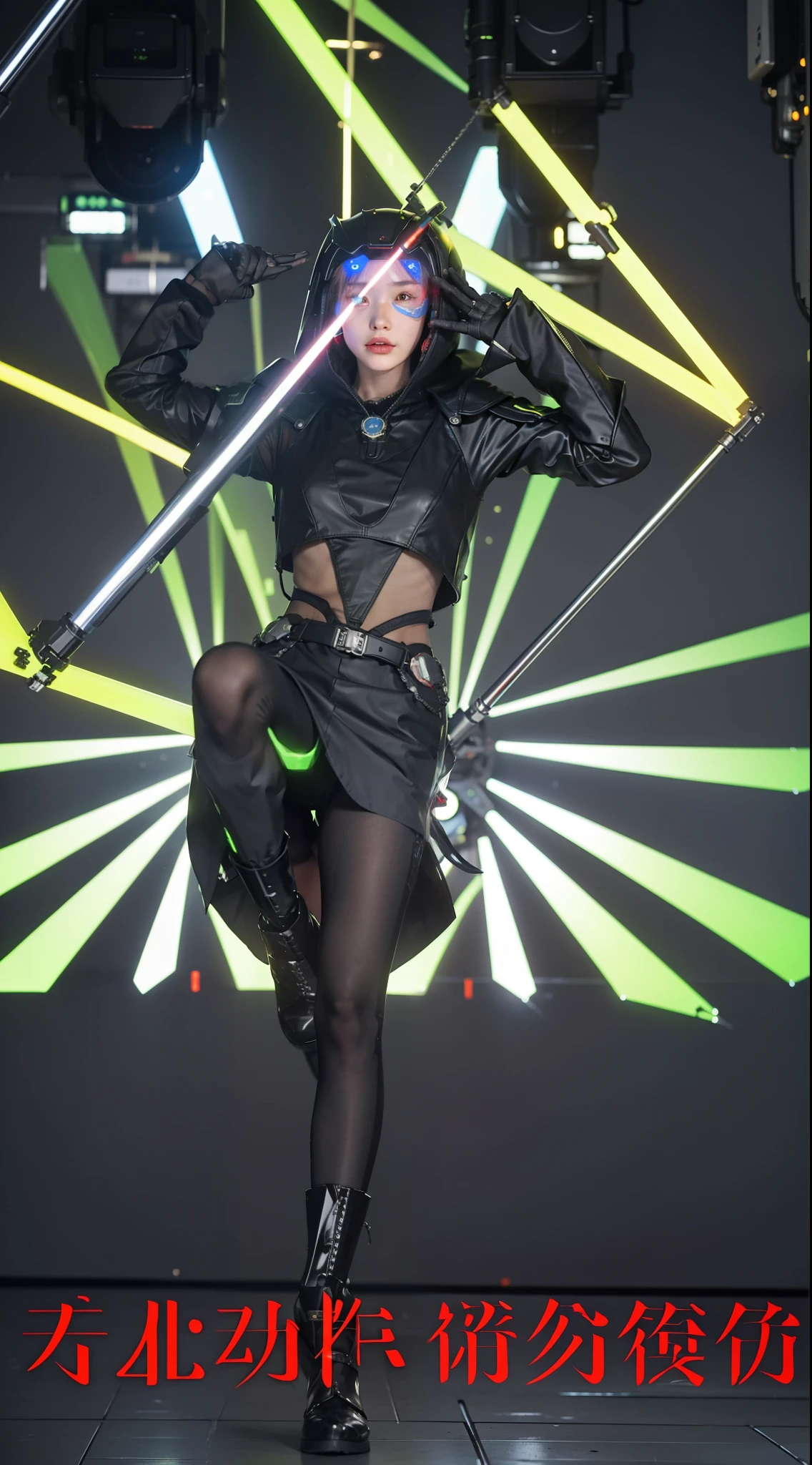 Fantasy cyberpunk world,1 Mechanical Miracle,Robots defend world order;Samurai mechanical armor,Equip transparent weapons,Streamlined black and red design,wearing in black cloak,A big part of a 1-person robot,Art of the highest quality,8K ultra-high resolution,动态照明,cinematic splendor,vibrant with colors,Wearing a cyberpunk space helmet,Luminous mechanical protective mask,Future high-tech tactical helmet,Steel machinery complete set