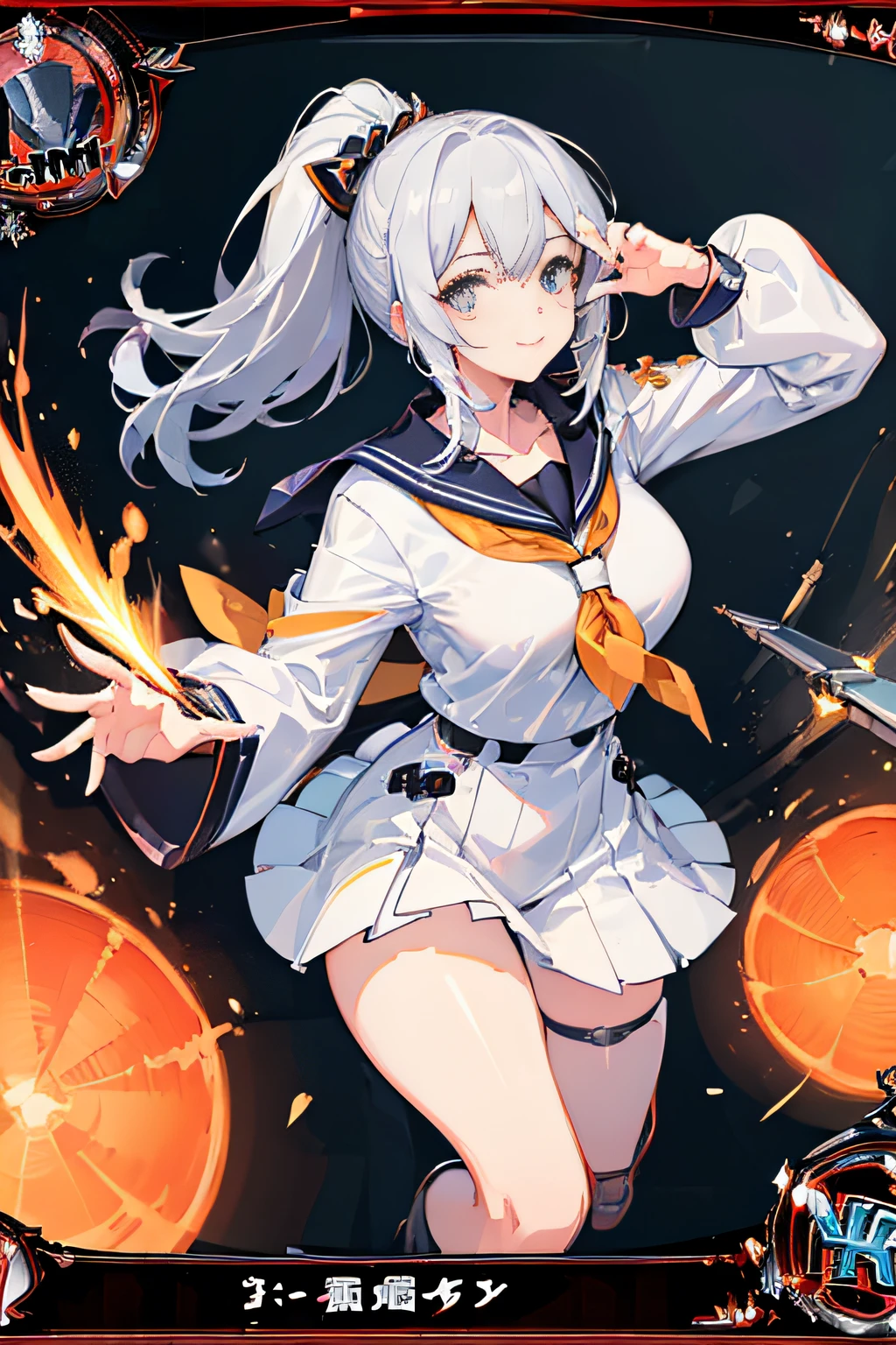 (Trading Card Game Frames:1.7),Cybernetic arm and glowing cyber girl,(J Women's Uniform,a sailor suit,White skirt,),Intense body movements,Add a motion blur effect to simulate motion,Stand on the streets of a desolate battlefield.Surrounded by a network of wires. Surrounded by a net of orange LED circuits. (Cyber Girl with Orange Glowing Sword:1.3), Shiny Silver Shorthair,disheveled ponytail,,Cute smile,Perfect round face,Black eyes,A cheerful smile that makes the viewer happy,Proper body proportion,Intricate details,Very delicate and beautiful hair,photos realistic,Dreamy,Professional Lighting,realistic shadow,Solo Focus,Beautiful hands,Beautiful fingers,Detailed finger features,detailed clothes features,Detailed hair features,detailed facial features,top-quality,Ultra-high resolution output image,) ,(The 8k quality,),(Image Mode Ultra HD,),(Image Mode Ultra HD,),(Sea Art 2 Mode.1:1.3),Science fiction fantasy
