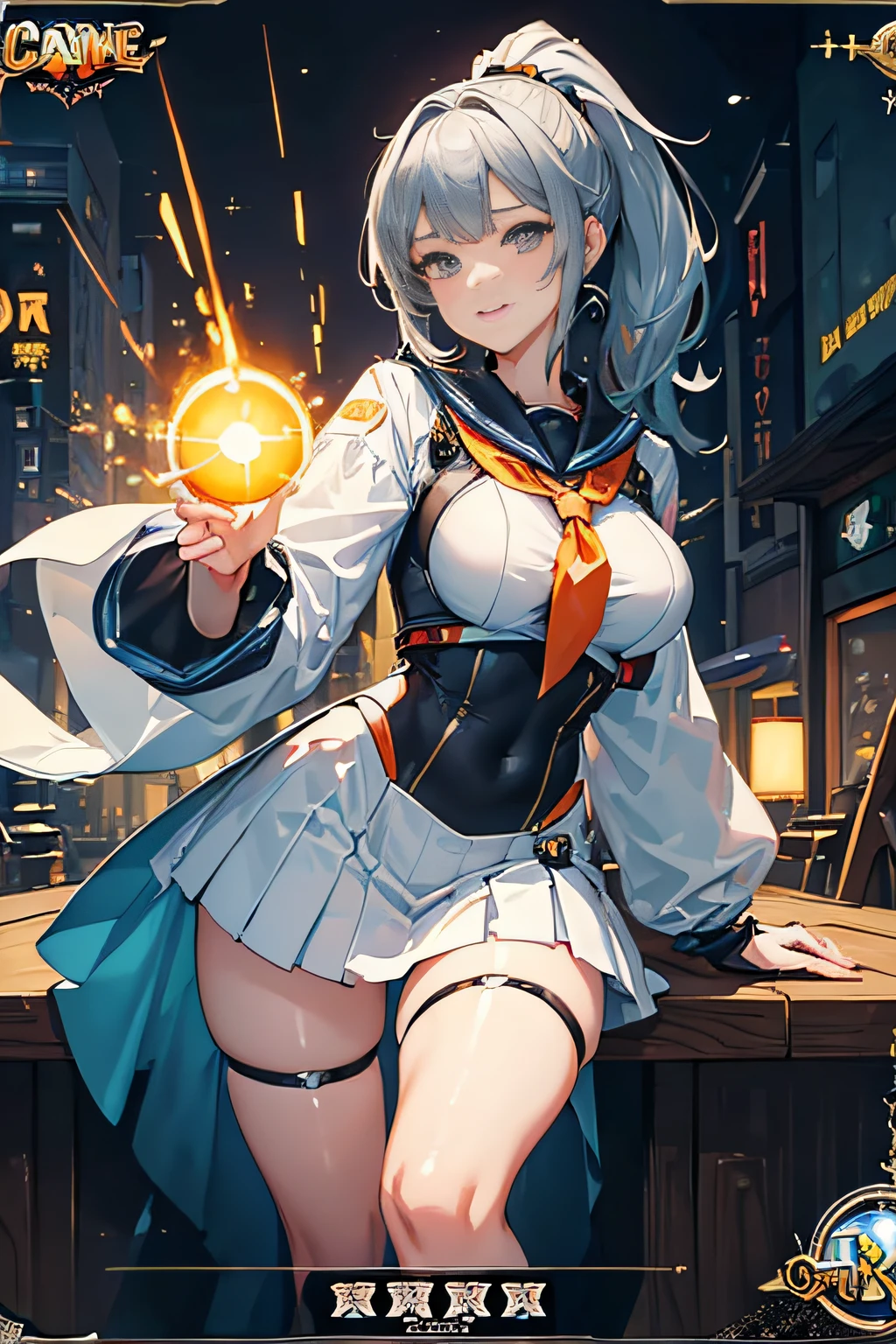(Trading Card Game Frames:1.7),Cybernetic arm and glowing cyber girl,(J Women's Uniform,a sailor suit,White skirt,),Intense body movements,Add a motion blur effect to simulate motion,Stand on the streets of a desolate battlefield.Surrounded by a network of wires. Surrounded by a net of orange LED circuits. (Cyber Girl with Orange Glowing Sword:1.3), Shiny Silver Shorthair,disheveled ponytail,,Cute smile,Perfect round face,Black eyes,A cheerful smile that makes the viewer happy,Proper body proportion,Intricate details,Very delicate and beautiful hair,photos realistic,Dreamy,Professional Lighting,realistic shadow,Solo Focus,Beautiful hands,Beautiful fingers,Detailed finger features,detailed clothes features,Detailed hair features,detailed facial features,top-quality,Ultra-high resolution output image,) ,(The 8k quality,),(Image Mode Ultra HD,),(Image Mode Ultra HD,),(Sea Art 2 Mode.1:1.3),Science fiction fantasy