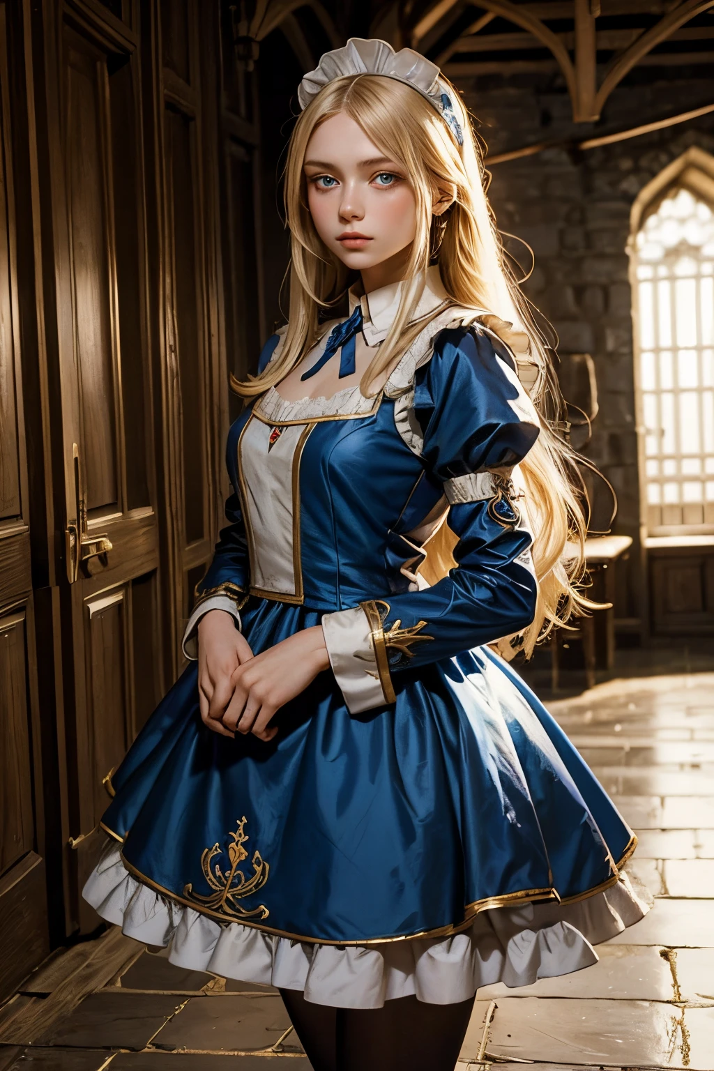 Marta Gromova (Ukrainian Model), long hair, blonde, beautiful blue eyes, medieval maid dress, shy pose, shy face, in a medieval room