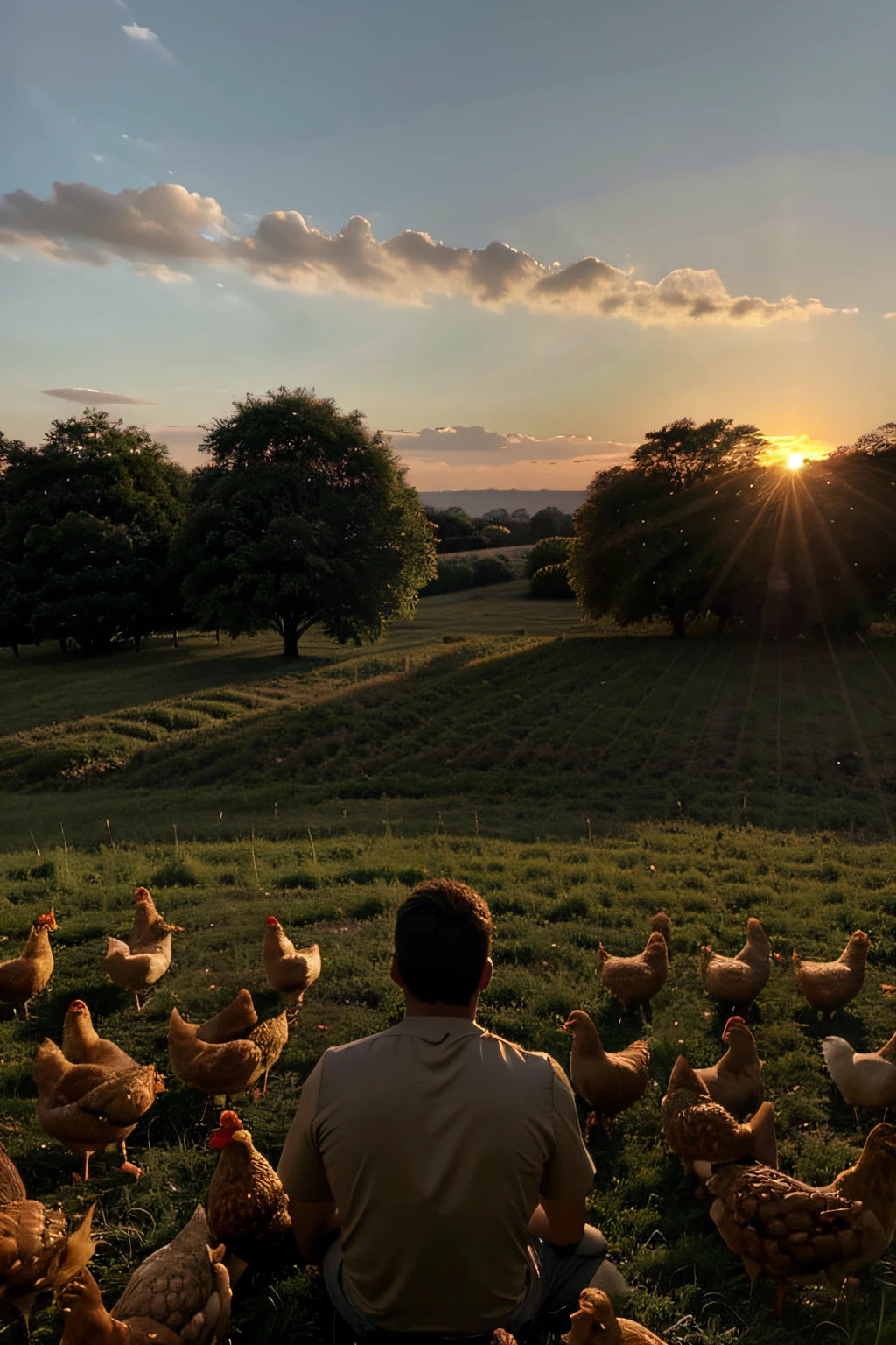 homem sentado em um campo lindo com um por do sol. he is reflecting and the field is full of chickens