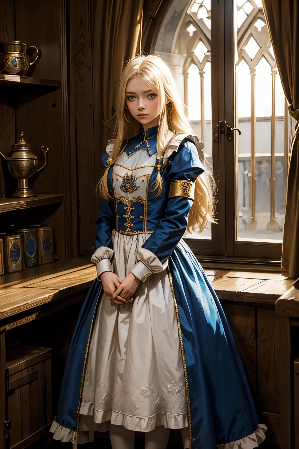 Marta Gromova (Ukrainian Model), long hair, blonde, beautiful blue eyes, medieval maid dress, shy pose, shy face, in a medieval room