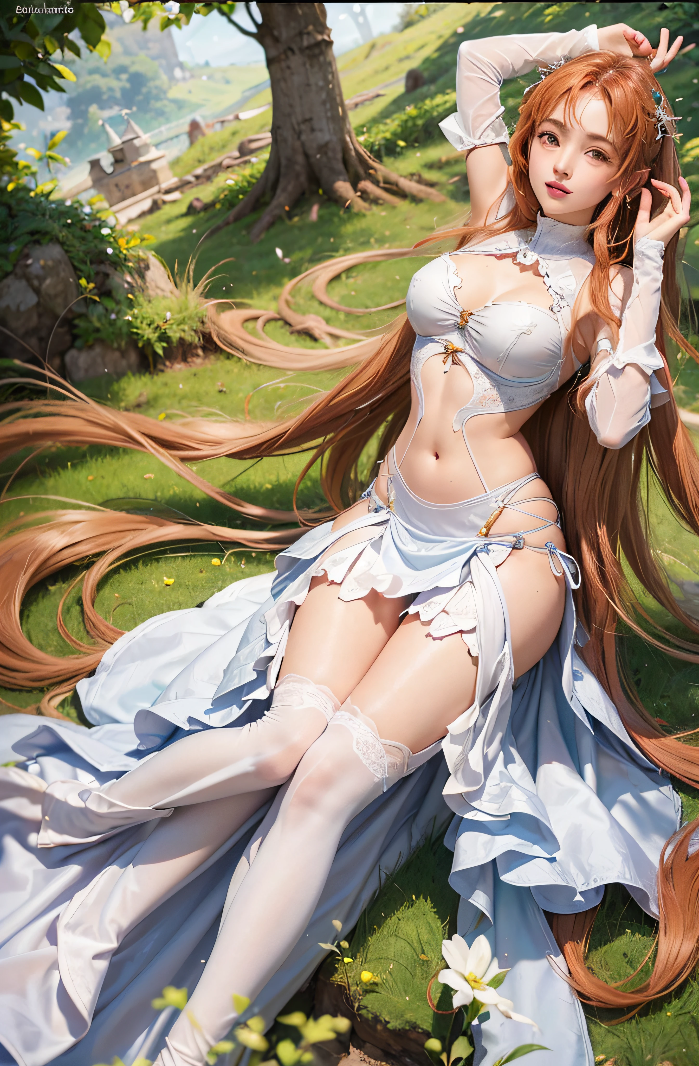 Stacia, Asuna, Asuna_\(estrela\), 1girl, (pose sexy:1.2), fantasia, Altas,  Original, Realistic, olho expressivo), scenecy,  fechar_em cima, sem cimaerior_corpo, (Standing on a grass), sorridente, sozinho, (mamilo esburacado:1.2), cabelos longos, (Seios enormes:1.0), Olhando para o Viewer, sorrir, boca aberta, franja ,Olhos detalhados, fundo bonito, (no forrest), hands on the chest, orange hair, coxas, Luvas, vestir, (clivagem:1.4), (agarrar os seios:1.6), bareshoulders, olhos castanhos, cabelos muito longos, (corpo inteiro:1.5), luvas brancas,  vestido branco, (peito aberto:1.5), armadura, coxas brancas, garter straps, brisa, armadura branca,  abec