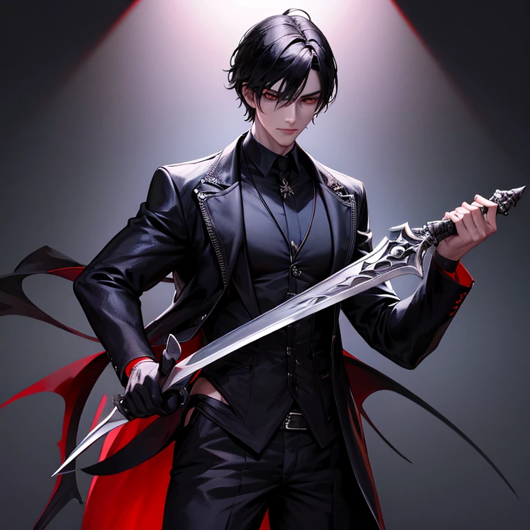 Vampire hunter boy in black clothes with sword in hand