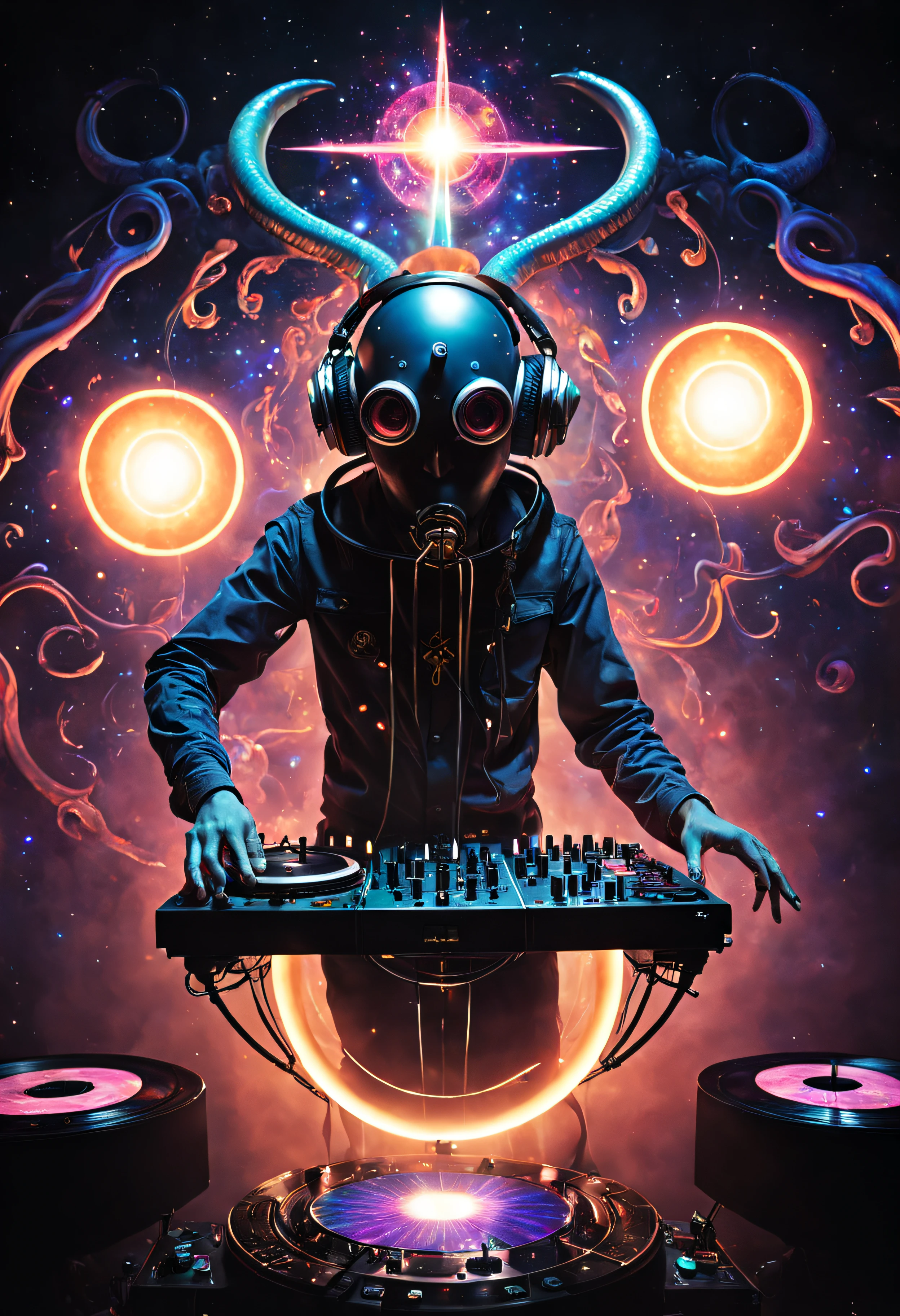 dj antropomorfo,Criatura lovecraftiana,Tocadiscos de vinilo,auriculares,fondo inspirado en el jazz,colores vibrantes,detailed tentacles,dark and eerie plaguing atmosphere,Ethereal lighting,Surprising stage presence,Bestiary meets music...,the sound of cosmic rhythms,supernatural melodies,Multitud bailando,experiencia de club de otro mundo,Psychedelic vibes,ritmos que trascienden el espacio y el tiempo,Visual spectacle,designs of creatures inspired by myths,the fusion of terror and music,El intenso enfoque de la criatura...,pista de baile interdimensional,unique vinyl collection,cosmic dance party,Pesadilla pero cautivadora,shadowy figures in the crowd,mystical symbols in the background,strange and fascinating dance moves,ondas sonoras trascendentes,efectos de sonido de otro mundo,magical powers of the turntable,sublime mix of genres and styles,strange and captivating visual effects,mysterious DJ booth with arcane symbols,gotas de ritmo alucinantes,cosmic energy intertwined with music,melodies that resonate through the cosmos,intergalactic party goers,enigmatic DJ character,ritmos sobrenaturales,fascinating electronic sounds,Disturbing melodies,bienaventuranza trascendental.