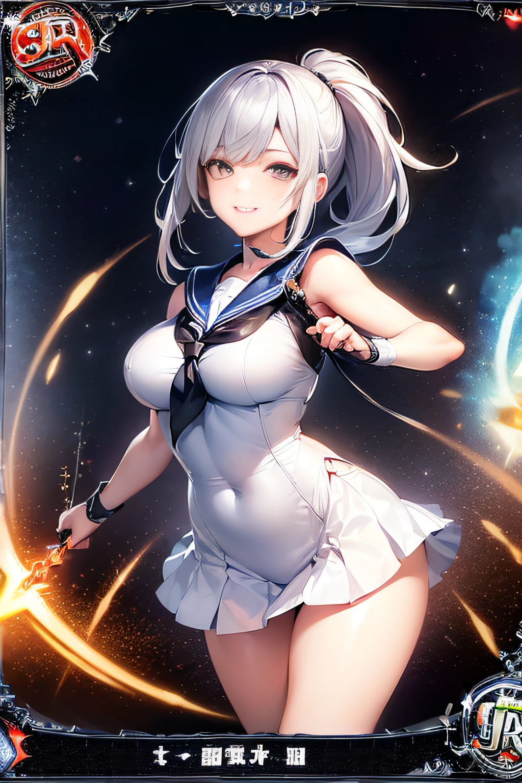(Trading Card Game Frames:1.7),Cybernetic arm and glowing cyber girl,(J Women's Uniform,a sailor suit,White skirt,),Intense body movements,Add a motion blur effect to simulate motion,Stand on the streets of a desolate battlefield.Surrounded by a network of wires. Surrounded by a net of orange LED circuits. (Cyber Girl with Orange Glowing Sword:1.3), Shiny Silver Shorthair,disheveled ponytail,,Cute smile,Perfect round face,Black eyes,A cheerful smile that makes the viewer happy,Proper body proportion,Intricate details,Very delicate and beautiful hair,photos realistic,Dreamy,Professional Lighting,realistic shadow,Solo Focus,Beautiful hands,Beautiful fingers,Detailed finger features,detailed clothes features,Detailed hair features,detailed facial features,top-quality,Ultra-high resolution output image,) ,(The 8k quality,),(Image Mode Ultra HD,),(Image Mode Ultra HD,),(Sea Art 2 Mode.1:1.3),Science fiction fantasy