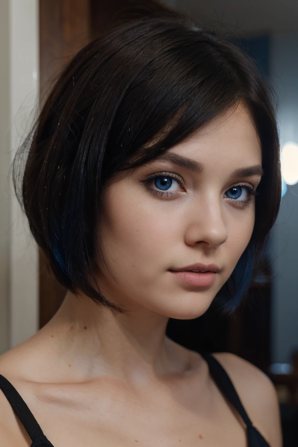 bob cut dark haired girl with blue eyes