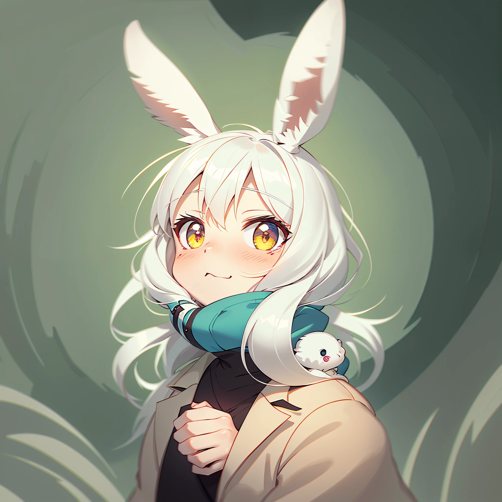 anime character with white hair and rabbit ears wearing a red coat, bunny girl, with long floppy rabbit ears, with big rabbit ears, digital art on pixiv, anthropomorphic rabbit, zerochan art, detailed fanart, soft anime illustration, with bunny ears, cute anthropomorphic bunny, made with anime painter studio, painted in anime painter studio