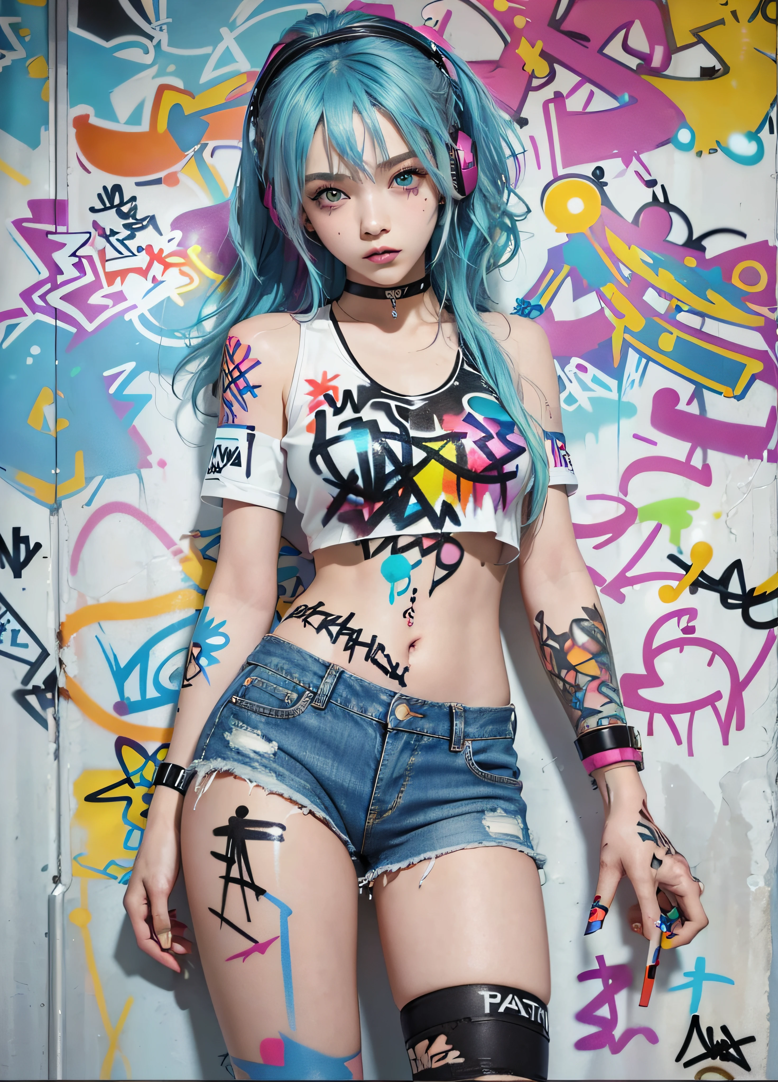 masterpiece, best quality, 1girl, solo, crop top, denim shorts, choker, (graffiti:1.5), paint splatter, arms behind back, against wall, looking at viewer, armband, thigh strap, paint on body, head tilt, bored, multicolored hair, aqua eyes, headset,
