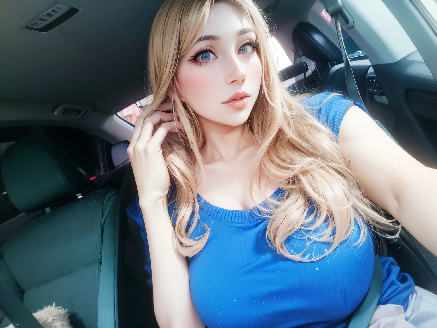 araffe woman in a blue shirt sitting in a car, sie boob, 1 8 yo, sexy girl, thick lips, attractive girl, with beautiful exotic, sitting in her car, wearing blue dress, with very thin lips, lovely woman, leaked image, bbwchan, 2 , angelawhite, sexy face, handsome girl