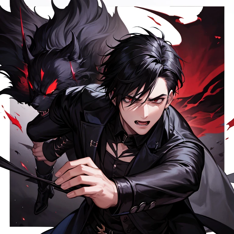 Vampire hunter boy in black clothes fighting with werewolf.