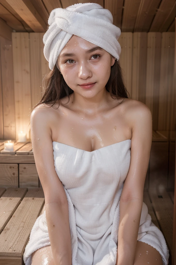 1girl in, Solo, (masutepiece, Best Quality, 8K,,Photorealistic, Real Girl, mulberry:1.37), look up at viewer, Cute 18 years old Japan, Slender body type: 1.1, Small breasts, Sitting, sauna, Double eyelids, drooing eyes, A dark-haired, (Sweaty face, Sweaty body: 1.2): 0.2, (White Oversized Towel Dress, Strapless), (White towel turban: 1.1), Finnish sauna, Realistic body, makeups, gloss lips, Focus on Face, Smaller face, A smile、A smile、Sharp Focus, layered cut, Facing the viewer, The sauna includes:.., Shot from the front