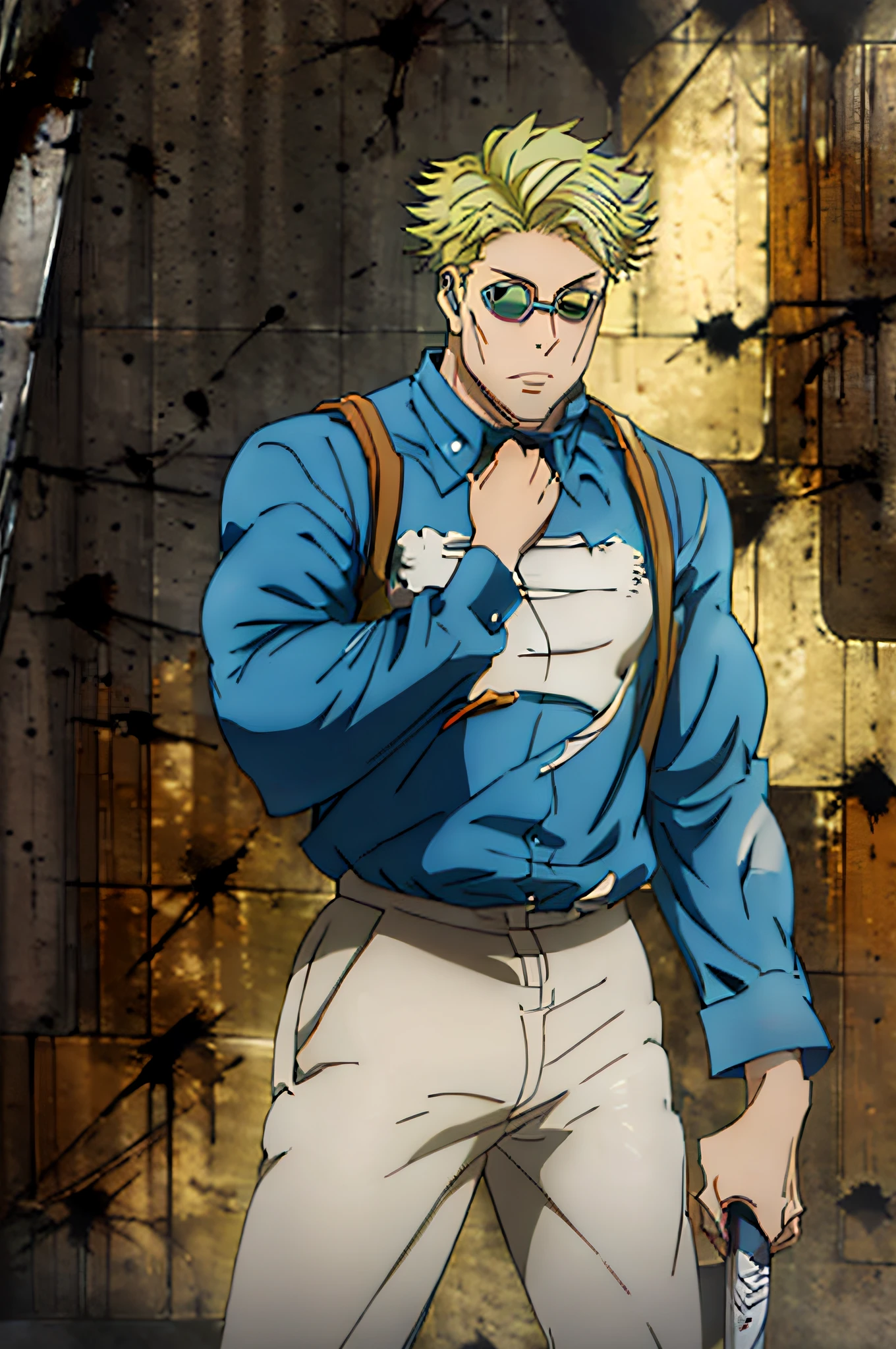 kento nanami (jujutsu kaisen) wearing his blue shirt (with folded sleeves) and suspenders, wearing his white dress pant, holding his short blunt sword (wrapped in a cloth with a splattered black dot design with a wooden handle) in one hand and a yellow necktie (with a splattered black dot design) wrapped around the other hand, cursed energy around both hands, blonde hair (7/3 haircut), black sunglasses (rounded frame), isometric, high quality