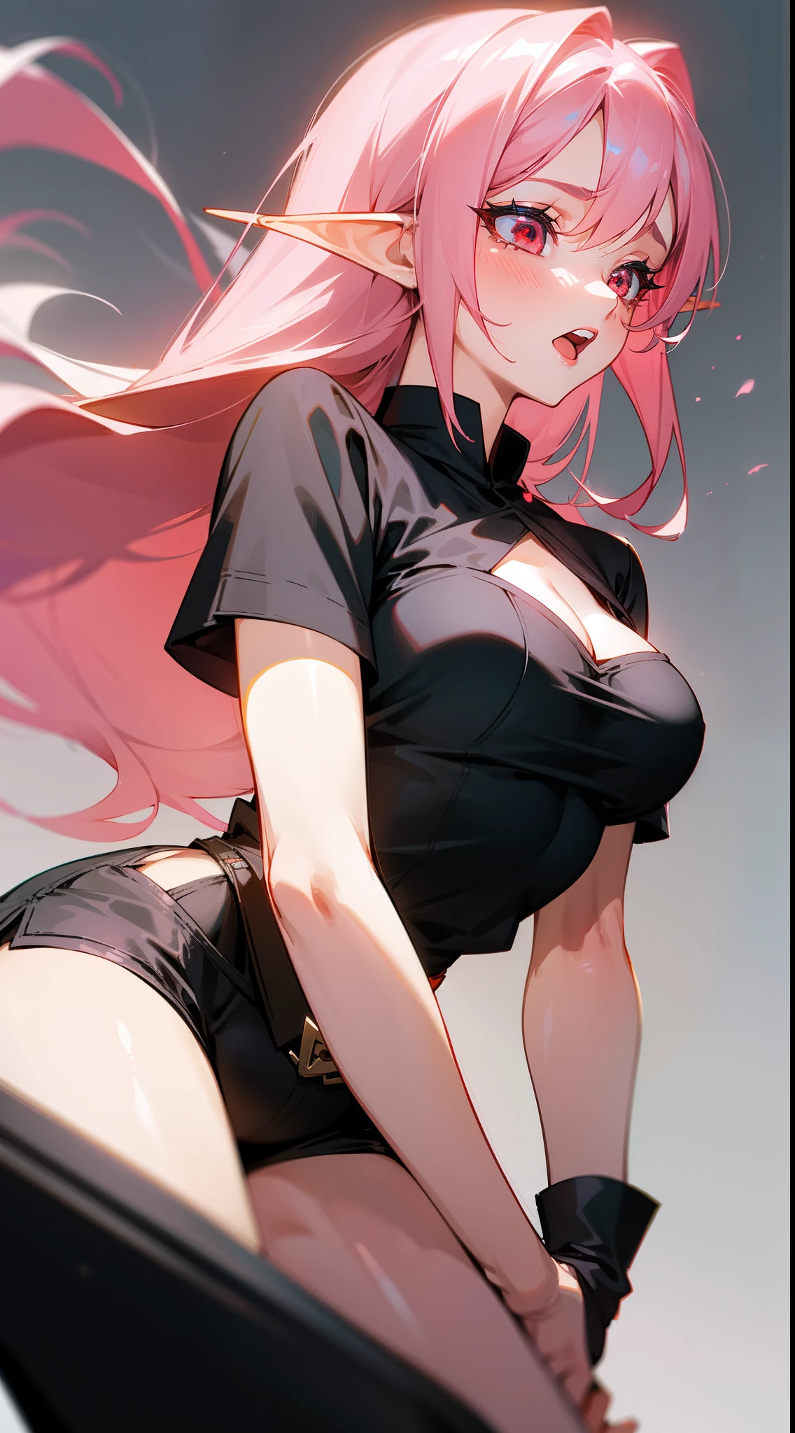 1girl,20s,(mature female),long hair, pink hair,red eye,elf ears,medium breasts,cleavage,black shirt,black shorts,short sleeves,no background,looking away,sad,open mouth