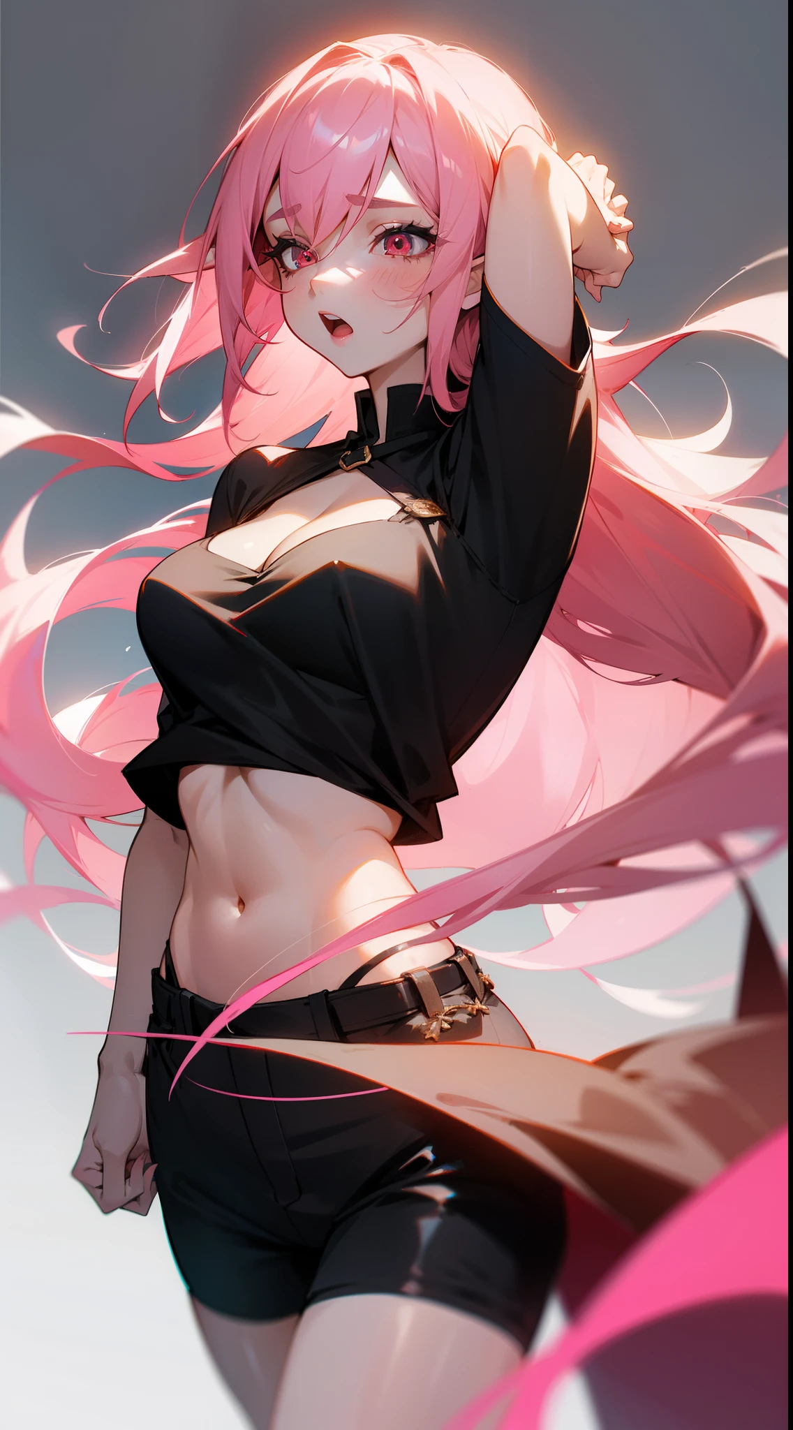 1girl,20s,(mature female),long hair, pink hair,red eye,elf ears,medium breasts,cleavage,black shirt,black shorts,short sleeves,no background,looking away,sad,open mouth