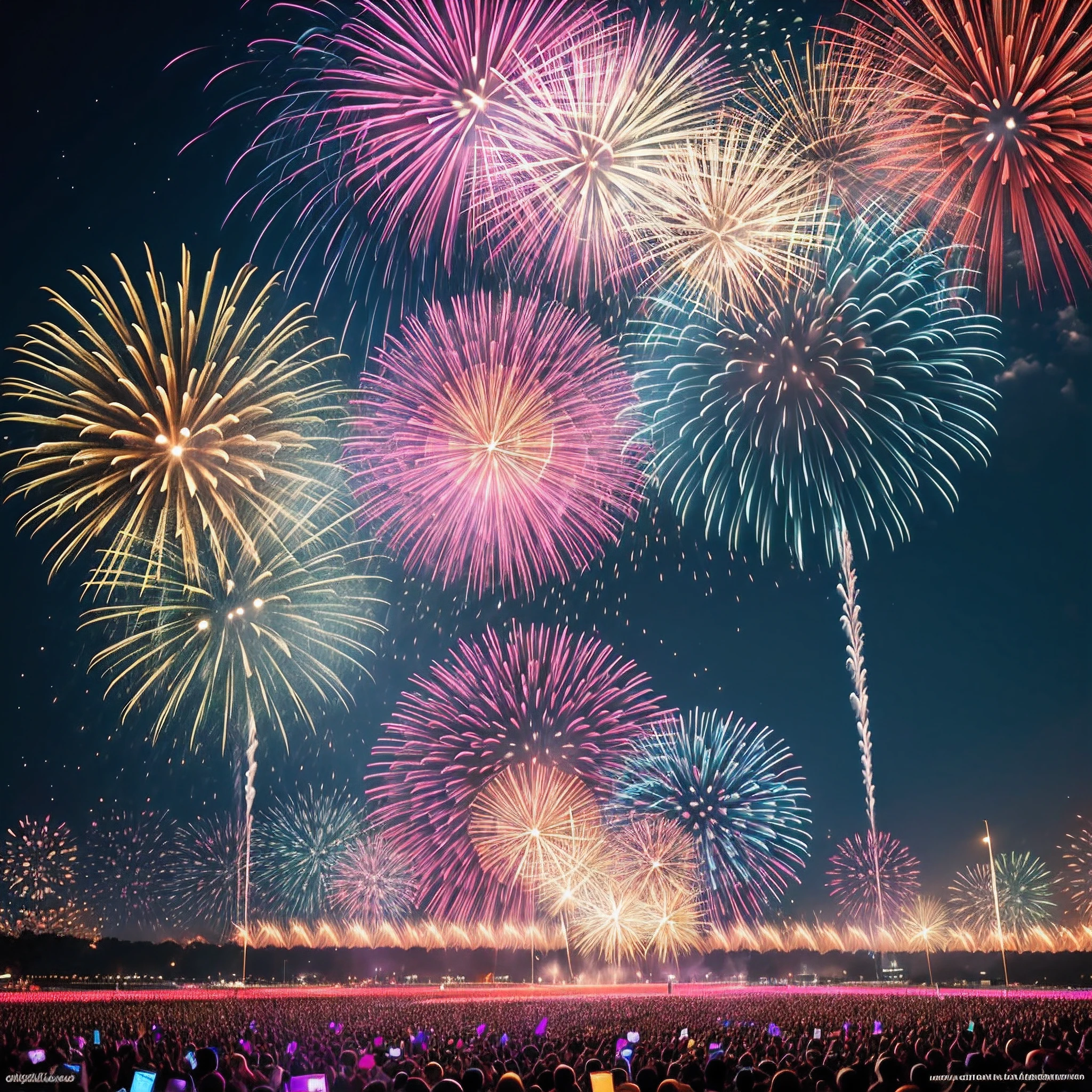 Produce a high-resolution digital image that captures the excitement and vibrant atmosphere of the New Year'it's eve. A cena deve representar um grande Ano Novo'Christmas Eve party in a cityscape or festive location, With fireworks lighting up the night sky. Pessoas felizes e animadas devem estar comemorando, raising champagne glasses, hugging and greeting each other. The fireworks must burst into brilliance, cores deslumbrantes, creating a visual spectacle in the night sky. O ambiente pode incluir elementos festivos, como confetes, Streamers, bright lights and a countdown reflected in a clock or electronic device. The lighting should be dynamic, with vibrant color tones and contrasts between fireworks-lit areas and darker areas, transmitindo a energia e a alegria de comemorar o Ano Novo.