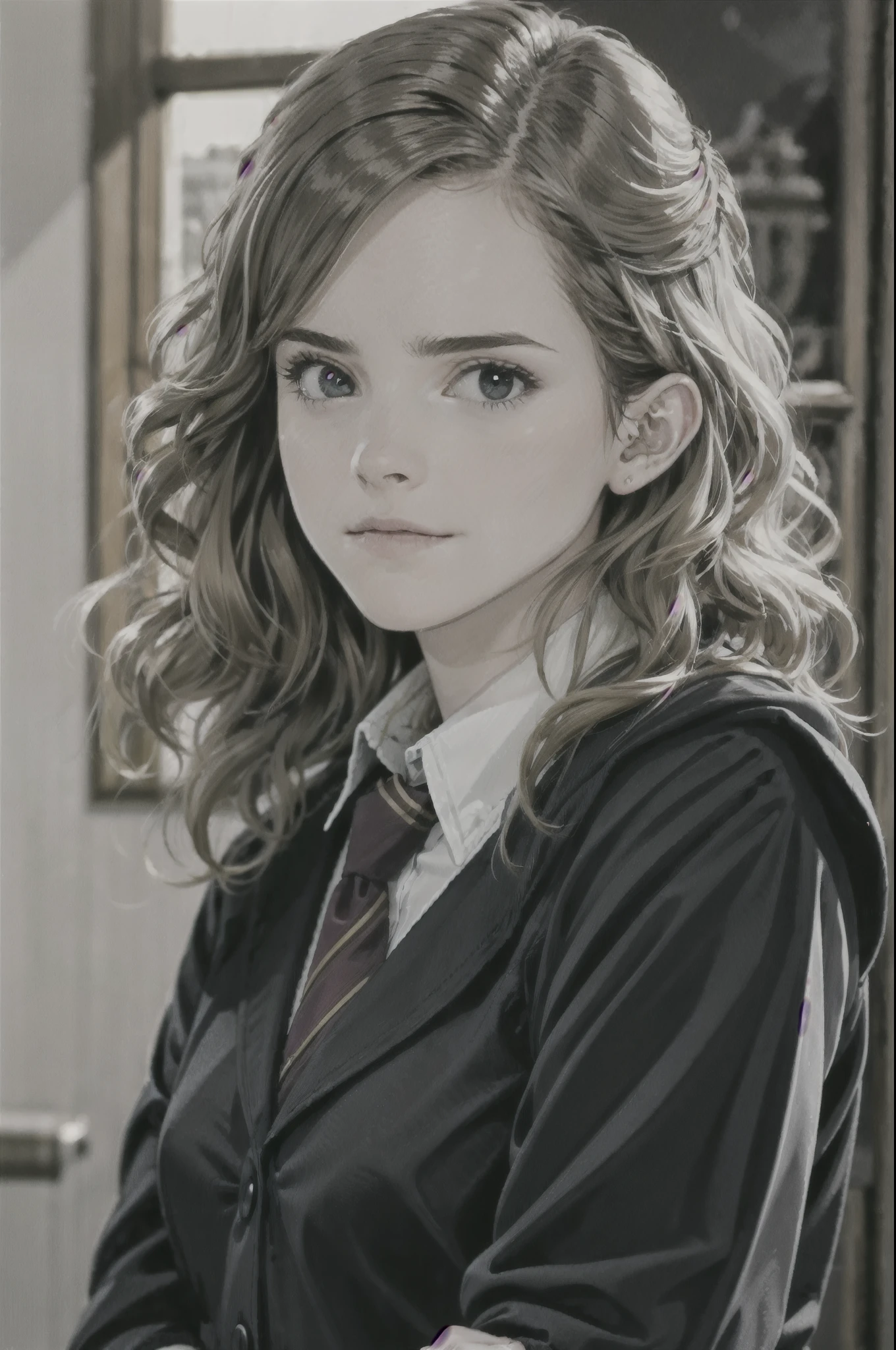 ((Soft light, Best quality, 8K, Masterpiece: 1.3)), Clear focus: 1.2,1girll,Hermione as a student at Gryffindor House,Wearing the uniform of the Academy。This uniform usually includes a striped tie、Black coat、Gray shawl、White shirt and black skirt,mystical,depthoffield
