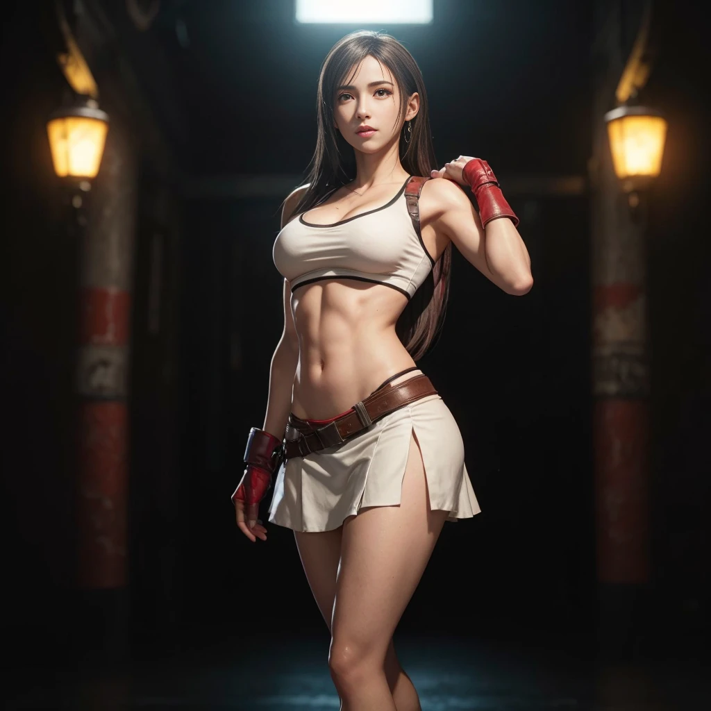(best quality,ultra-detalhado),(Realistic:1.37),Tifa Lockhart, Rosto bonito e detalhado, maquiagem preta nos olhos, textura ultra realista, rosto delicado, corpo delicado, Fit physique