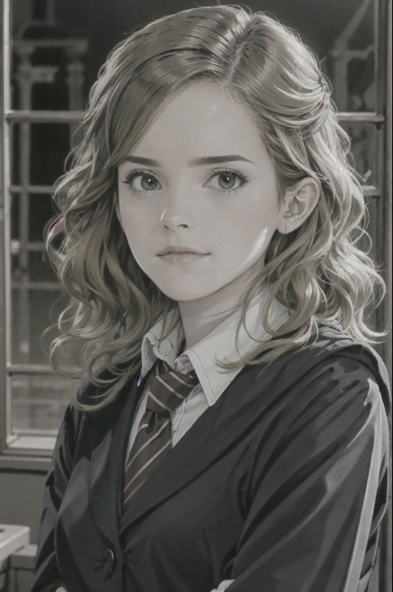 ((Soft light, Best quality, 8K, Masterpiece: 1.3)), Clear focus: 1.2,1girll,Hermione as a student at Gryffindor House,Wearing the uniform of the Academy。This uniform usually includes a striped tie、Black coat、Gray shawl、White shirt and black skirt,mystical,depthoffield