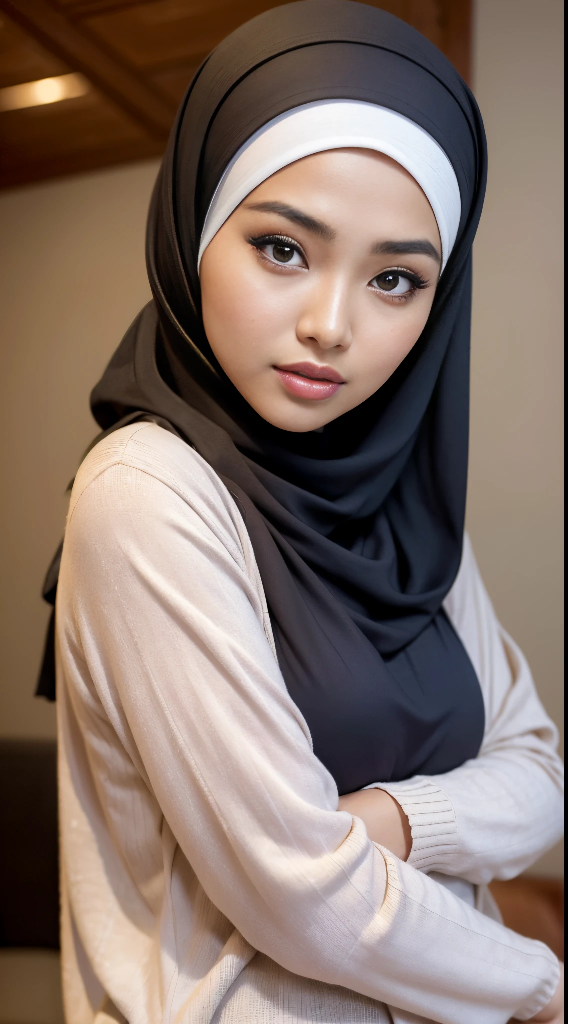 RAW, Best quality, high resolution, Masterpiece: 1.3), Beautiful Malay woman in hijab,Masterpiece, best quality,8k, brown eyes, perfect eyes,perfect body, Huge breasts,,close up,woman in a hijab poses for a picture, hijab, lovely woman, white hijab, Beutifull girl, casual pose, attractive girl, malaysian, background heavenly, an asian woman, wearing casual clothes, with lovely look, asian girl, beautiful image, beautiful woman, attractive pose, 🤬 🤮 💕 🎀, beautiful girl