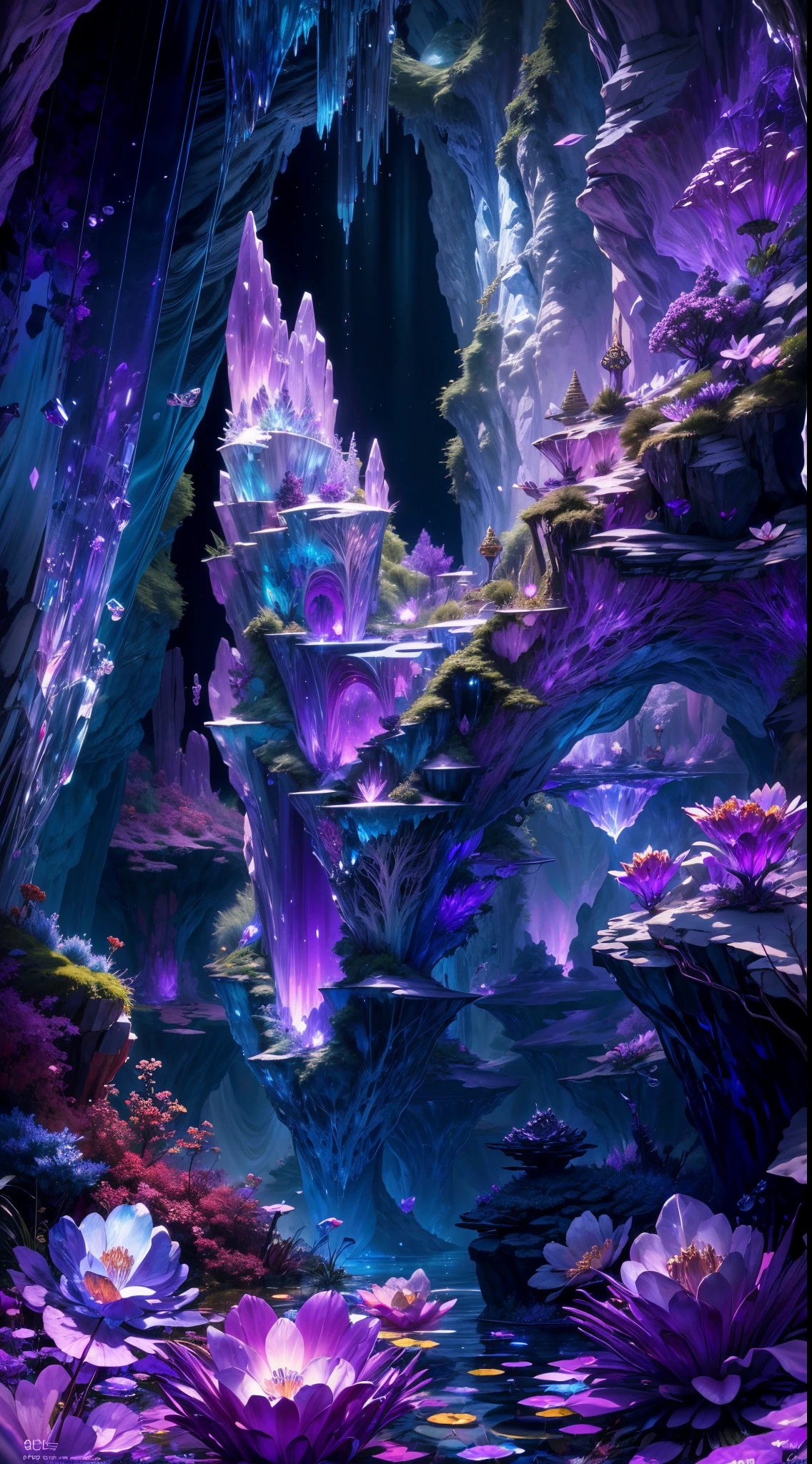 (best quality,4k,8k,highres,masterpiece:1.2),ultra-detailed,(realistic,photorealistic,photo-realistic:1.37),crystal cave,amethyst crystals,sparkling,huge crystals,glowing crystals,shimmering crystals,ethereal atmosphere,frozen in time,natural wonder,otherworldly beauty,dazzling light,unearthly colors,magical aura,hidden secrets,majestic formations,subterranean paradise,mystical energy,reflective surfaces,glistening walls,prismatic glow,dense clusters of crystals,enchanting panorama,tranquil and serene,luminous purple hues,dimly lit,growing from the ground,surreal landscape,mystifying depths,quiet echo,crystal clear water,enchanted atmosphere,dripping water droplets,stalactites and stalagmites,exquisite crystal details,quiet contemplation,peaceful solitude,intense beauty,overwhelming sense of awe,hidden gems,unique subterranean world,whispering echoes,magnificent sculpture of nature,vibrant purple crystals,unforgettable sight,dreamlike scenery,emitting gentle light