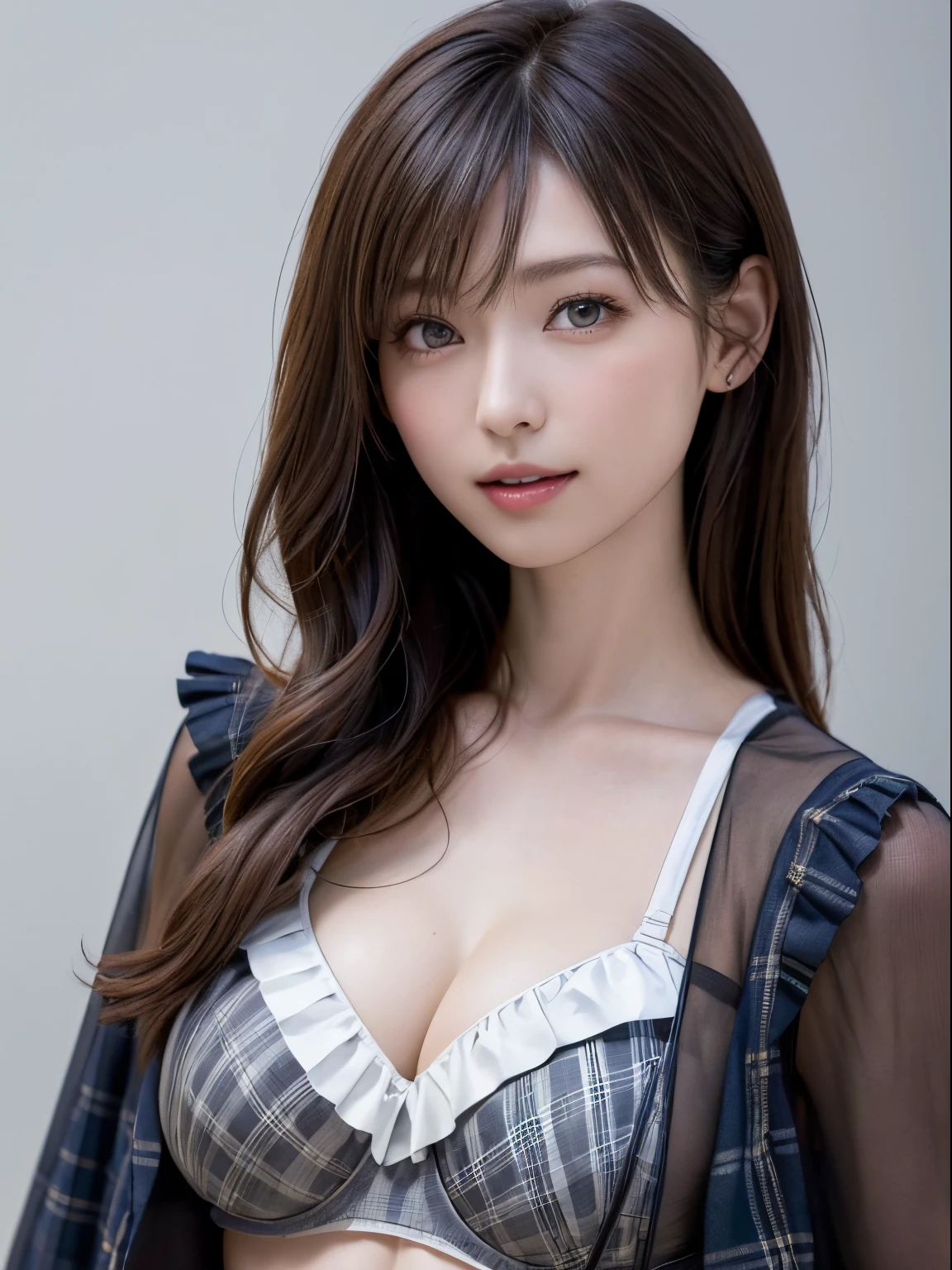 (top-quality、8K、32K、masterpiece、nffsw:1.2)、(Raw photography)、(realisitic)、(Photorealsitic:1.2)、(hight resolution)、ultra-detailliert、extremely beautiful face and eyes、1girl in、round small face、big breasts thin waist、Delicate body、(a closeup、top-quality、high detailing、rich skin detail、nffsw)、(Best Quality、8K、oilpaint:1.2)、Ultra-detailed、(Realistic、Photorealistic:1.37)、Vibrant colors、(((cheeks are flushed)))、(((Female face)))、(((Has a double piece)))、(((light brown hair)))、(((Arms folded in front of the chest)))、(((great laughter)))、(((bustshot)))、(((white backgrounid)))、((lob hair))、(((Pure white wall background)))、(((She is wearing white and gray plaid underwear.)))、(((Pure white wall background)))、(((Bra with frills)))
