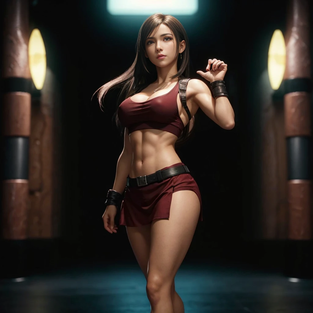 (best quality,ultra-detalhado),(Realistic:1.37),Tifa Lockhart, Rosto bonito e detalhado, maquiagem preta nos olhos, textura ultra realista, rosto delicado, corpo delicado, Fit physique
