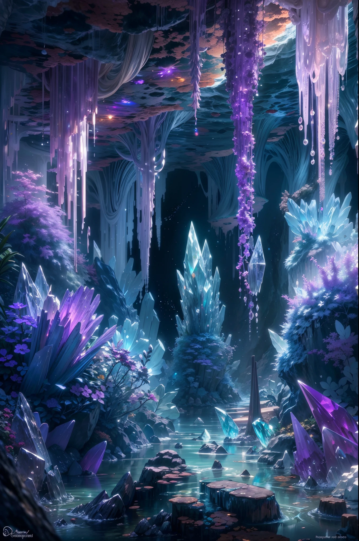 (best quality,4k,8k,highres,masterpiece:1.2),ultra-detailed,(realistic,photorealistic,photo-realistic:1.37),crystal cave,amethyst crystals,sparkling,huge crystals,glowing crystals,shimmering crystals,ethereal atmosphere,frozen in time,natural wonder,otherworldly beauty,dazzling light,unearthly colors,magical aura,hidden secrets,majestic formations,subterranean paradise,mystical energy,reflective surfaces,glistening walls,prismatic glow,dense clusters of crystals,enchanting panorama,tranquil and serene,luminous purple hues,dimly lit,growing from the ground,surreal landscape,mystifying depths,quiet echo,crystal clear water,enchanted atmosphere,dripping water droplets,stalactites and stalagmites,exquisite crystal details,quiet contemplation,peaceful solitude,intense beauty,overwhelming sense of awe,hidden gems,unique subterranean world,whispering echoes,magnificent sculpture of nature,vibrant purple crystals,unforgettable sight,dreamlike scenery,emitting gentle light