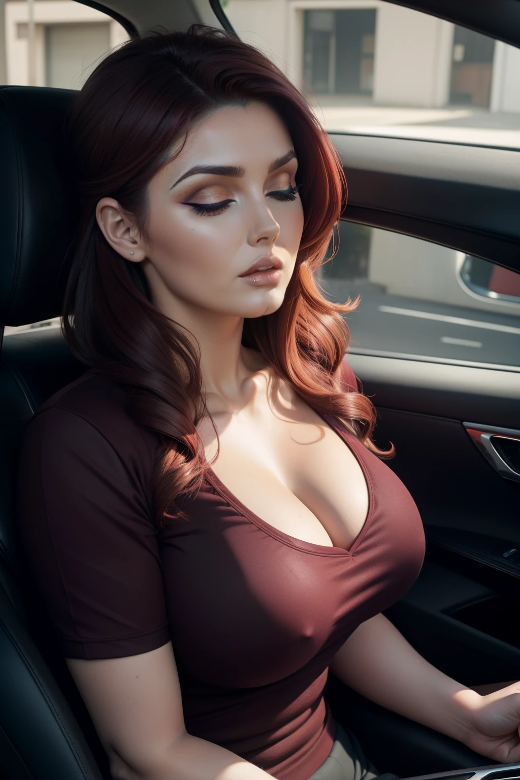 lucy pinder, ((VERY INTENSE MAKEUP)), (Adele), cleavage, (Dina Meyer), maroon hair, chignon, red t-shirt, black sweatshirt, sitting in a car, mouth wide open, eyes closed, chubby woman