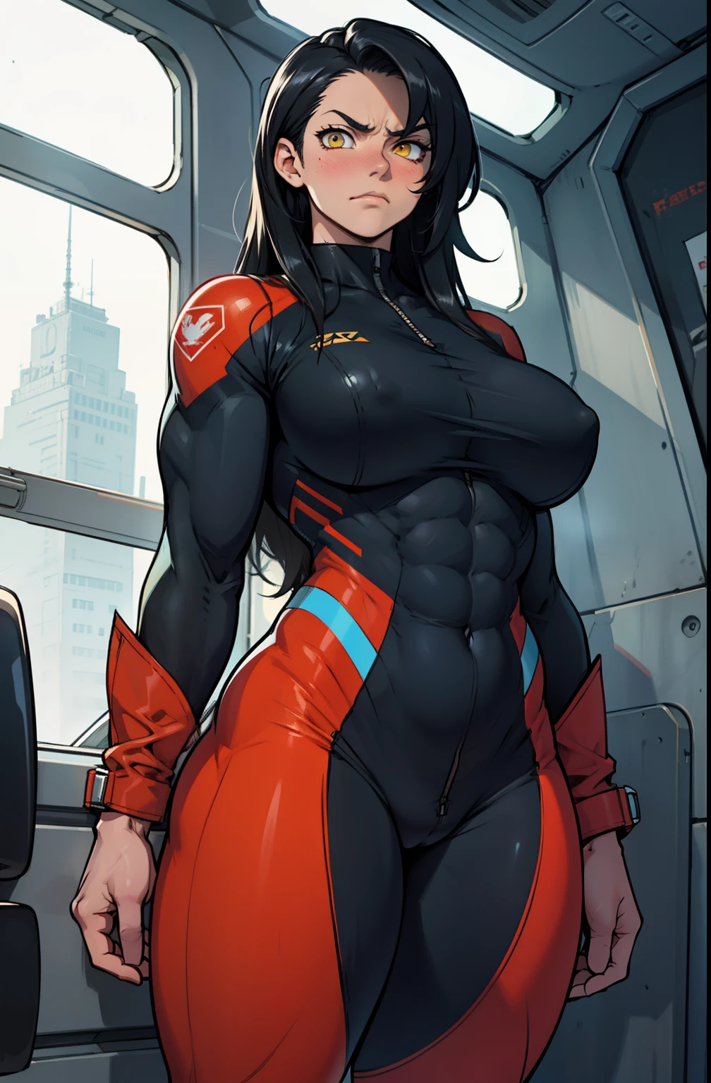 1girl, extremely long hair, solo, ((muscular)), veins, black hair, yellow eyes, blushing, thick thighs, pale skin, strong, veins, abs, big thighs, huge breasts, navel, standing, angry, skintight bodysuit pilot suit thick thick thick thick thick thick thick thick thick thick thick thick thick thick thick thick thick thick thick thick