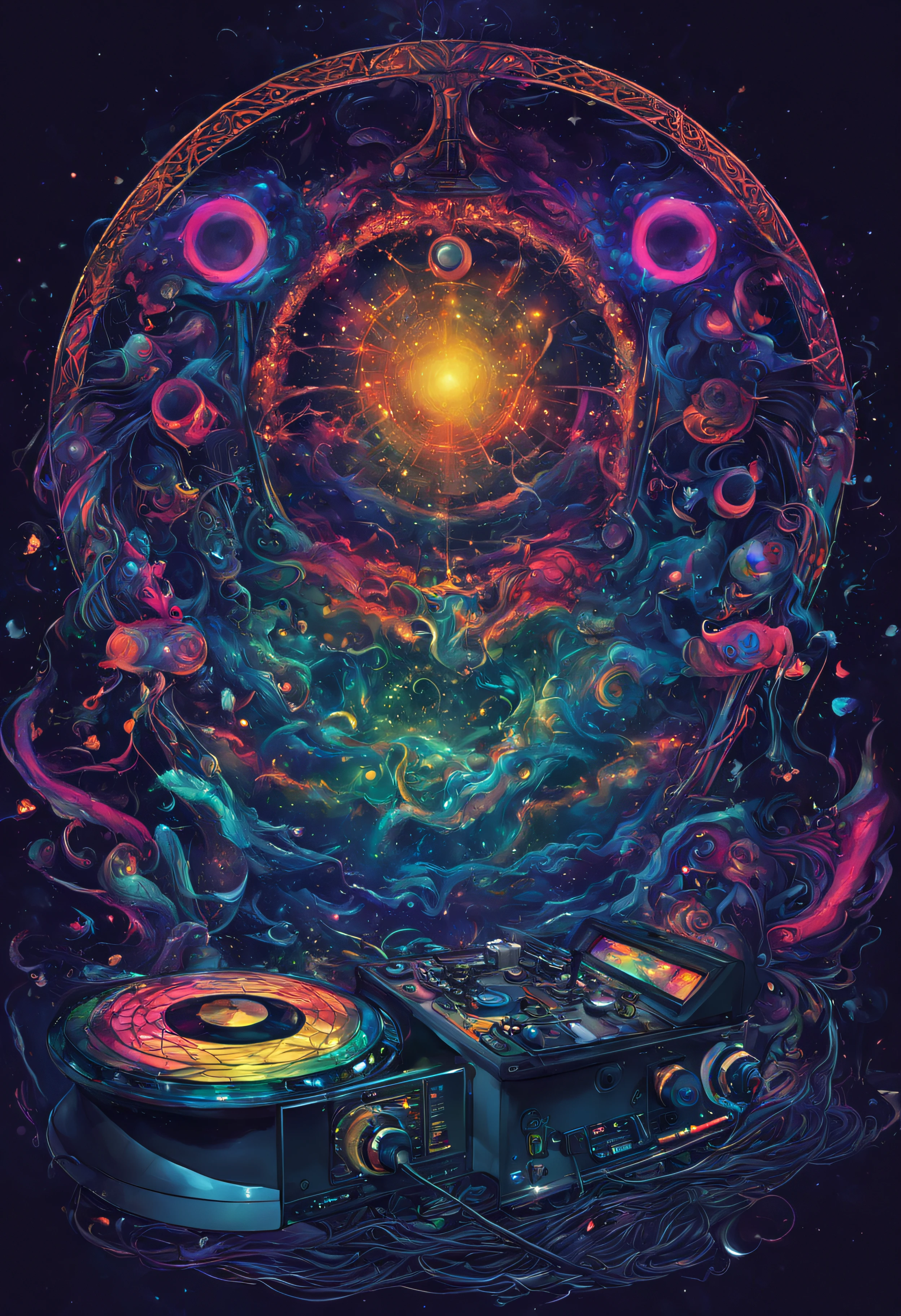 dj antropomorfo,Criatura lovecraftiana,Tocadiscos de vinilo,auriculares,fondo inspirado en el jazz,colores vibrantes,detailed tentacles,dark and eerie plaguing atmosphere,Ethereal lighting,Surprising stage presence,Bestiary meets music....,the sound of cosmic rhythms,supernatural melodies,Multitud bailando,experiencia de club de otro mundo,Psychedelic vibes,ritmos que trascienden el espacio y el tiempo,Visual spectacle,designs of creatures inspired by myths,the fusion of terror and music,El intenso enfoque de la criatura....,pista de baile interdimensional,unique vinyl collection,cosmic dance party,Pesadilla pero cautivadora,shadowy figures in the crowd,mystical symbols in the background,strange and fascinating dance moves,ondas sonoras trascendentes,efectos de sonido de otro mundo,magical powers of the turntable,sublime mix of genres and styles,strange and captivating visual effects,mysterious DJ booth with arcane symbols,gotas de ritmo alucinantes,cosmic energy intertwined with music,melodies that resonate through the cosmos,intergalactic party goers,enigmatic DJ character,ritmos sobrenaturales,fascinating electronic sounds,Disturbing melodies,bienaventuranza trascendental.