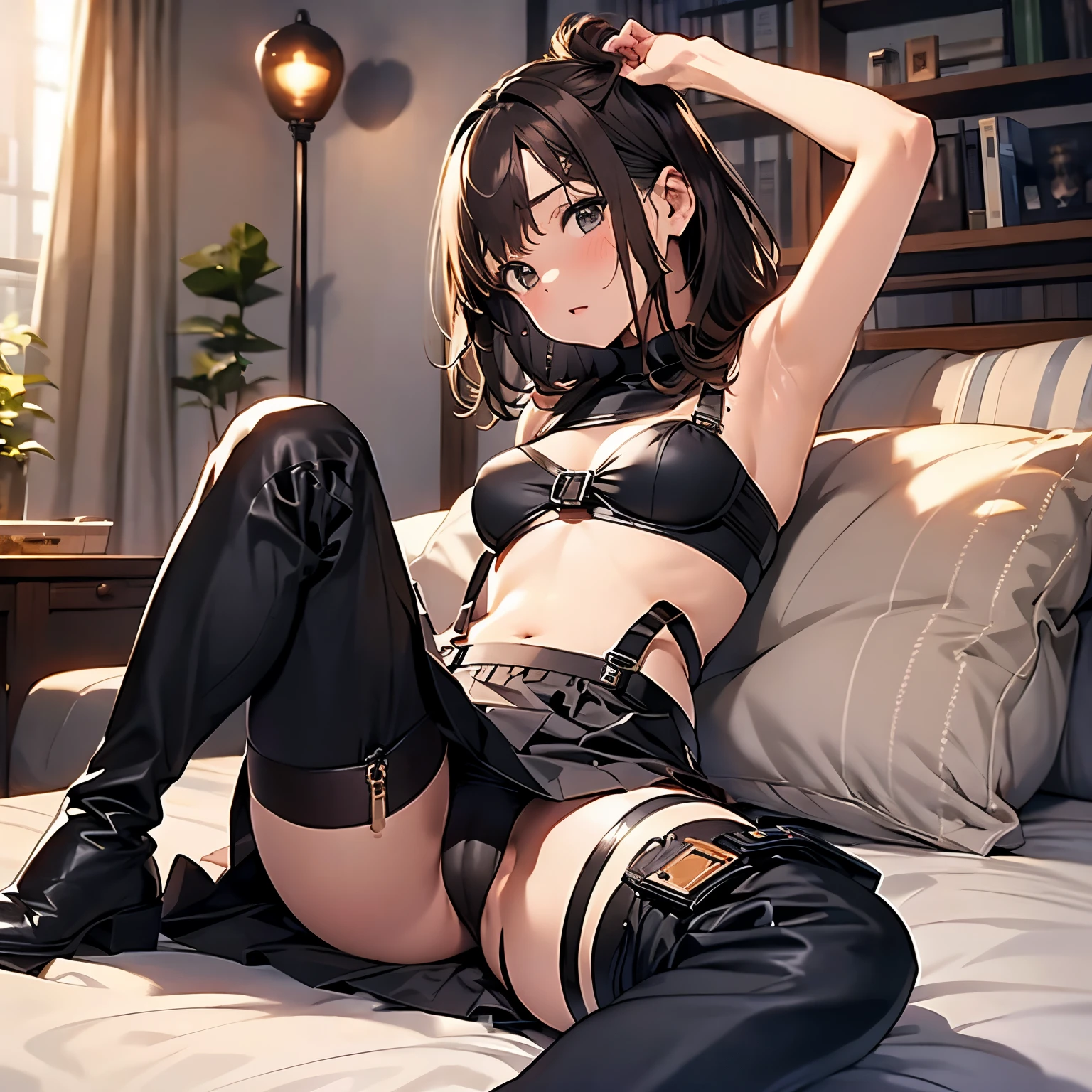 Brown hair、watching at viewers　　　black suspenders　　　Bulging big breasts　　 　 　　　walls: 　Black miniskirt　garters　　　　　　Gaze　　　Small face　bangss 　　　holster　　　Beautuful Women　　hands up　　Leg holster lying on the bed　　Gaze 　black boots panty shot　provocation　flank　Armpit sweat　soio