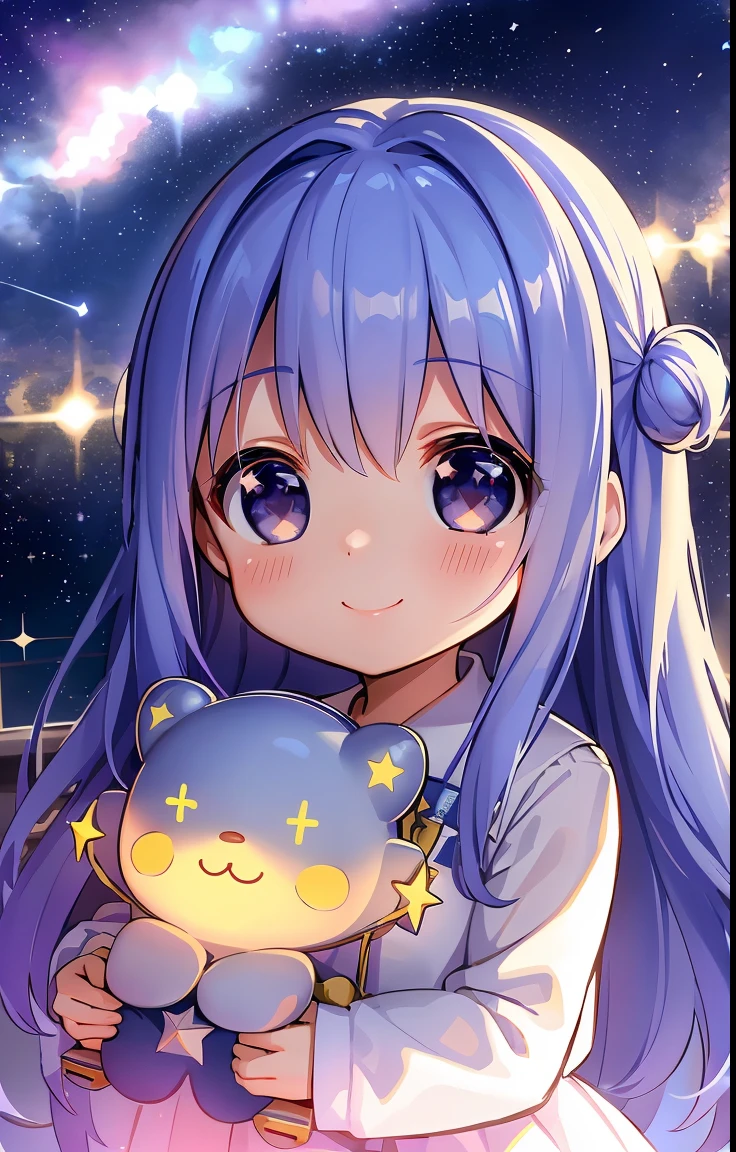 reallistic、Movie Still、appearance of an angel,Stargirl、(shooting stars)Kindergartener girl ,under the starry sky、(a closeup:1.1)、with light glowing、With smiling eyes、A delightful、soft lighting with shadows,blush