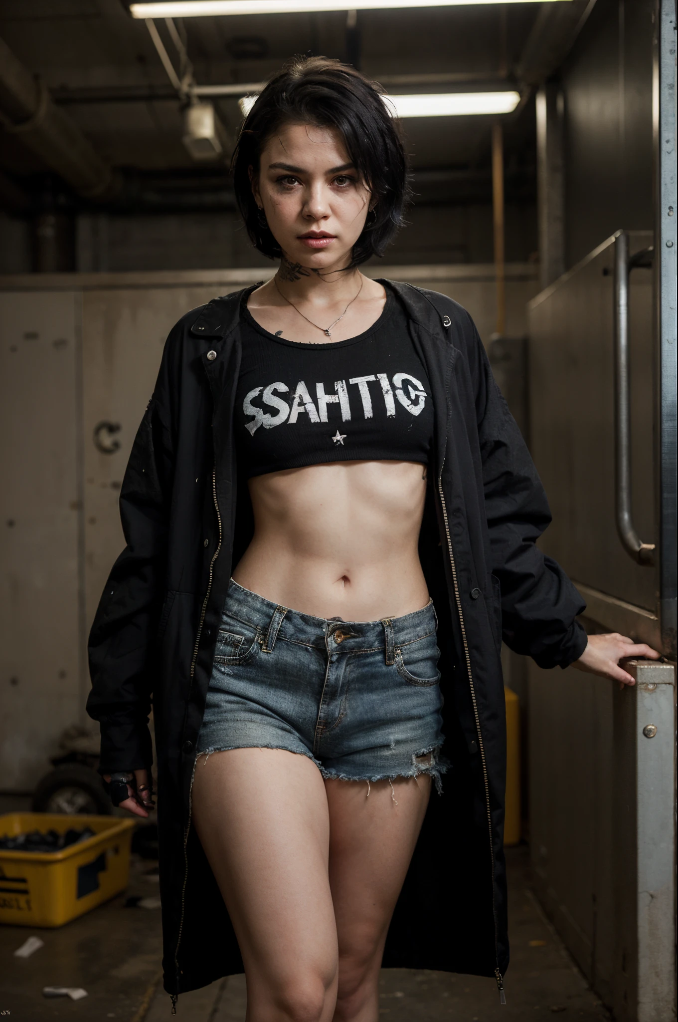 1girl, standing,, slender,  short black hair, punk girl, mad max,(disheveled clothes:1.4),