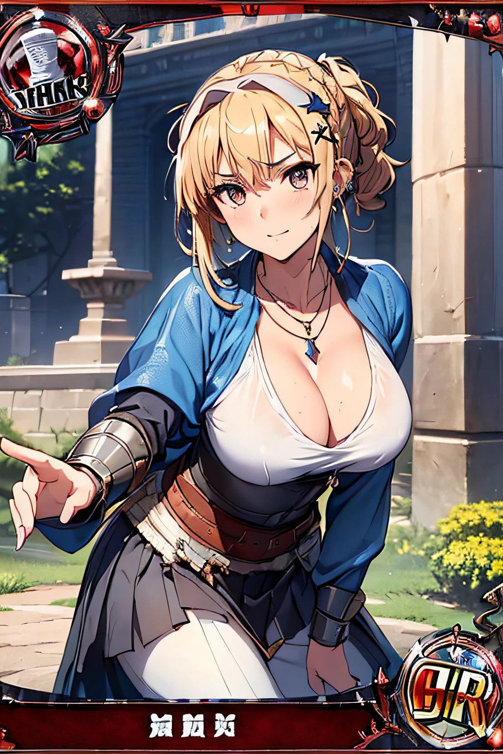 (Trading Card Game Frames:1.7),(((Armor and sword of Joan of Arc:1.3))),(((Ancient Western Landscapes:1,3))),(((Armed Girls in Europe:1.3))),(((Enhance your movements with a sword with a motion blur effect:1.3))),(beautiful a girl),Red pleated skirt,breast slip,(blondehair,See-through bangs and intricate braids、twisted beaded ponytail),(((emphasizing breasts:1.3))),(Dynamic angles),(Dynamic and sexy forward pose:1.3),(((Dignified statue))),(((hair pin,a necklace,piercings))),Colossal tits,Blush with embarrassment,Enraptured eyes,skin glistening with sweat,gazing at viewer,Disturbance of clothing due to movement,pointed red mouth,Perfect round face,,Proper body proportion,Intricate details,Very delicate and beautiful hair,photos realistic,Dreamy,Professional Movie Lighting,realistic shadow,Solo Focus,Beautiful hands,Beautiful fingers,Detailed finger features,detailed clothes features,Detailed hair features,detailed facial features,top-quality,Ultra-high resolution output image,) ,(The 8k quality,),(Image Mode Ultra HD,)