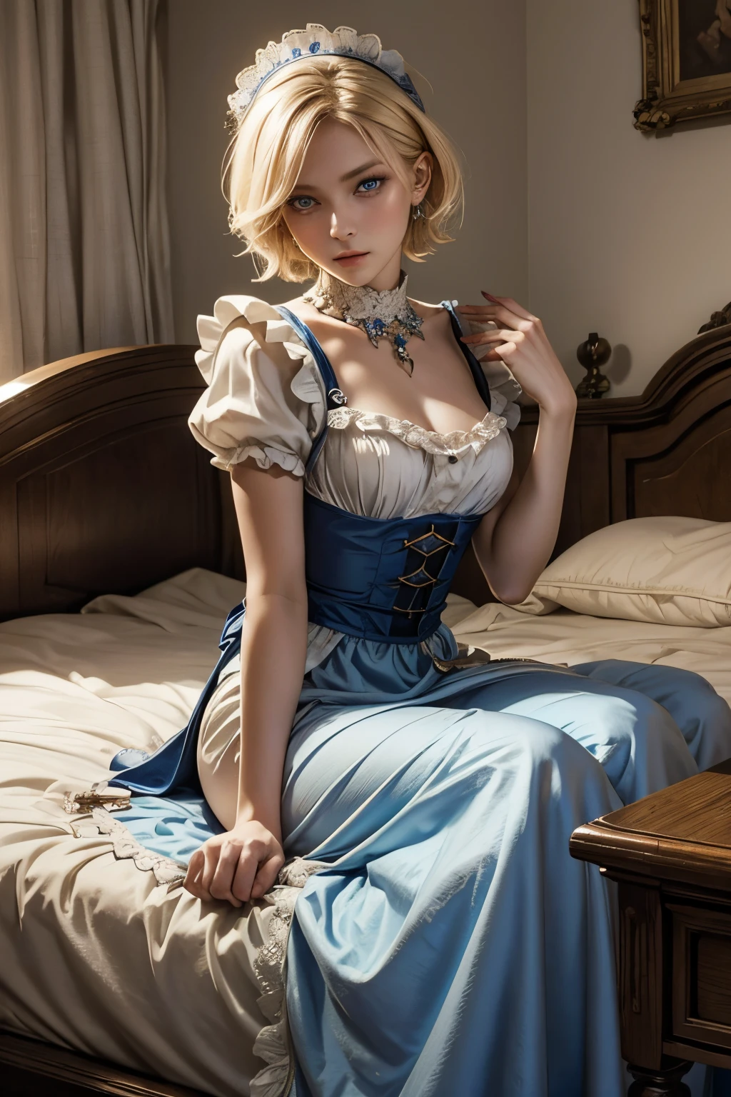Marta Gromova (Ukrainian Model), short hair, blonde, beautiful blue eyes, medieval maid dress, shy pose, shy face, lying on a bed,
