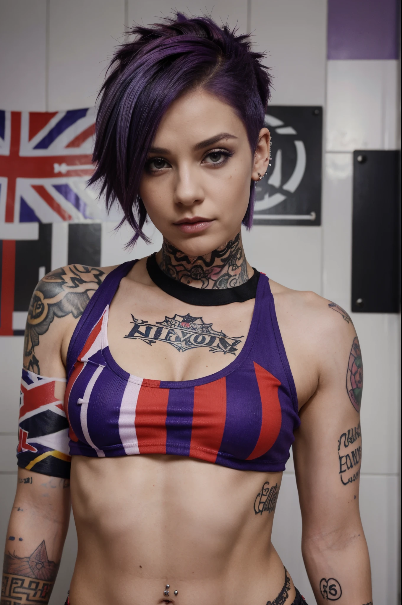 Beautiful punk woman with a coloured purple hair underside hairstyle wearing a Union Jack crop top, piercings, tattoos , intense eye contact, face and upper body image