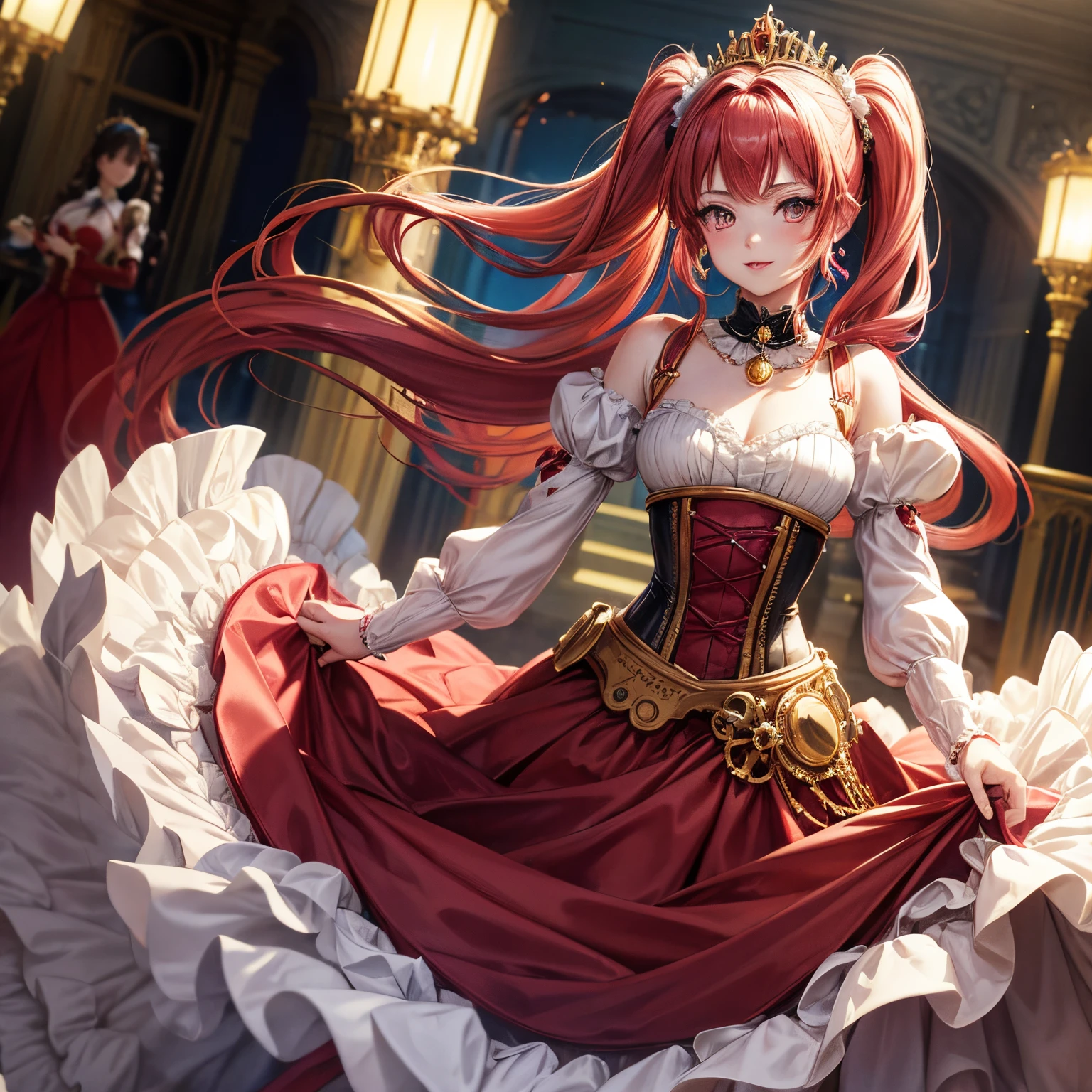 Pretty 15 years old princess, drawn in anime style, is cute and happy, long red pigtails hair, pink eyes, small breast, makeup and lipstick, steampunk, red and white ball gown with puffy sleeves, petticoat, bustle, corset, hair ribbons, white elbow gloves, ruby earrings and necklace, gold tiara, high heels, walking out of a fancy carriage, highly detailed, 4K.