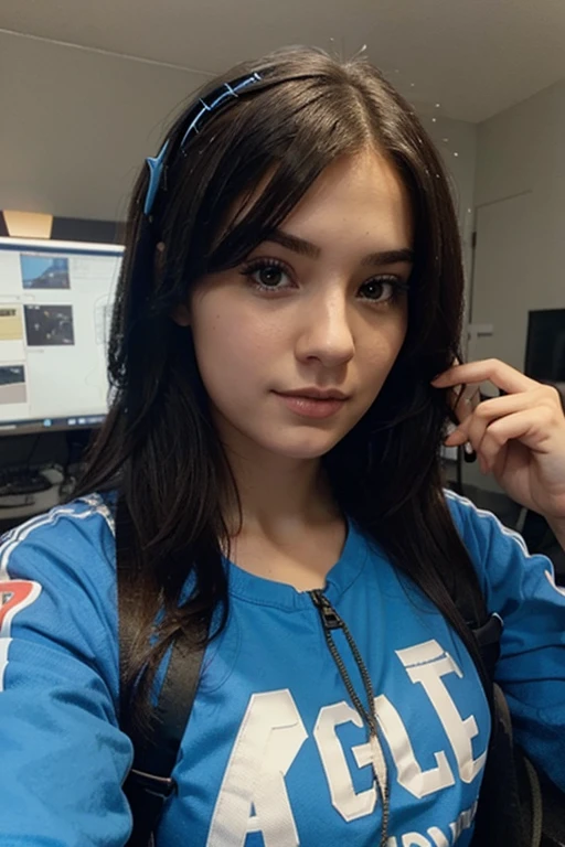 moody instagram photo, upper body photo of 18 years old girl, lying in bed, wearing in ear headphones, listening to music, from above, dressed in oversized retro basketball jersey, dirty pastel purple hair, color gradient, bright tips of hair, sun-kissed skin, bored, grumpy, beautiful hazelnut eyes, grainy, overexposed filter, cold soft colors, direct flash photography