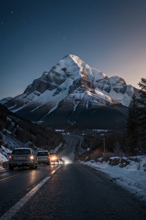 huge mountain with visible road, cars in the background, night, snow, high resolution, hyper realism, cinematic, 1280x720, 8k