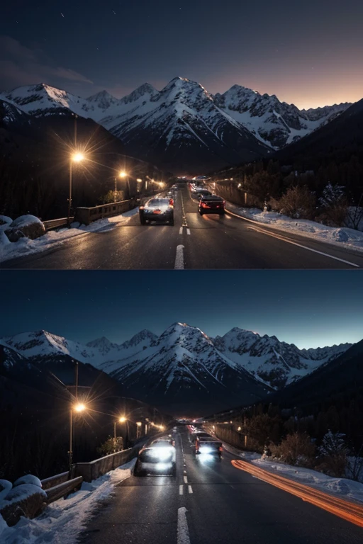 huge mountain with visible road, cars in the background, night, snow, high resolution, hyper realism, cinematic, 1280x720, 8k
