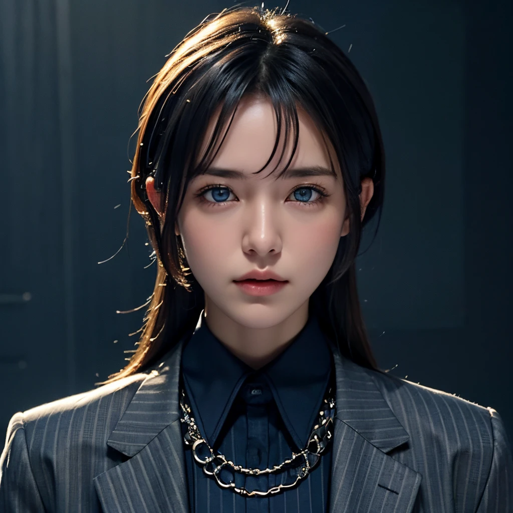 (masterpiece), 8k cg, stunningly beautiful girl, intricate details, chromatic aberration, ((bust shot)), ((looking at viewer)), 1girl, (collared shirt, blue shirt, black shirt, jewelry, chain necklace, formal, pinstripe pattern, open clothes, grey jacket,), tomboy, (blue eyes, sparkly eyes, extremely detailed eyes), extremely beautiful and delicate portrait, strong face, chiseled jaw, strong cheeks, frown,  absurdres, cinematic lighting, dynamic lighting, fantasy, ((dark background, fog))