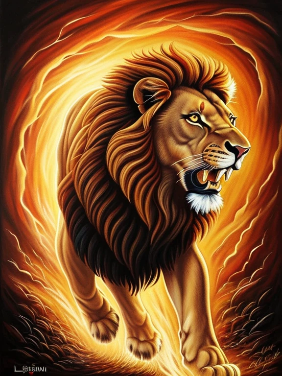 Painting of a lion, Leaping forward from the darkness